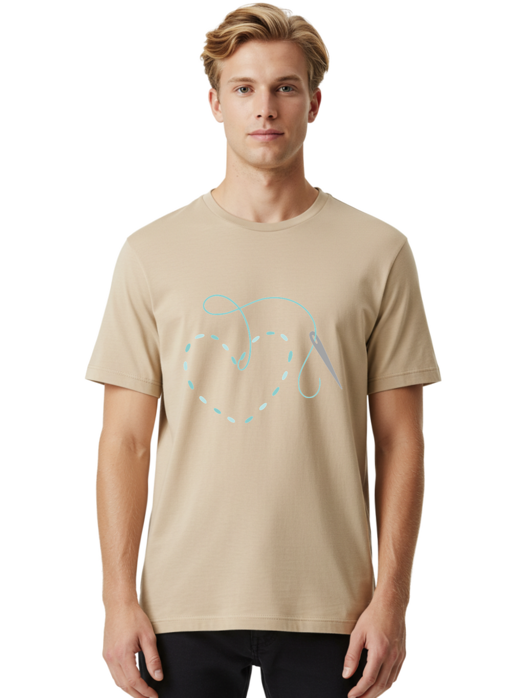 Needle-And-Thread Men'S Graphic Tee, 100% Cotton, Comfortable Casual Summer Wear, Machine Washable, Sewing Needle, Thread Stitching, Embroidery Art, Sewing Crafts, Needlework, Thread Loop, Creative Stitching Aac059