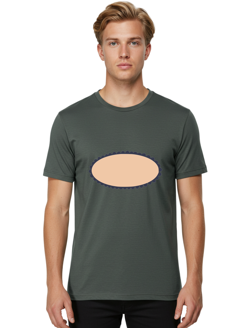Oval-Badge Men'S Graphic Tee, 100% Cotton, Comfortable Casual Summer Wear, Machine Washable, Oval Shape, Decorative Frame, Beige And Black, Ornate Design, Blank Space, Graphic Element, Simple Illustration, Elegant Border Aac062