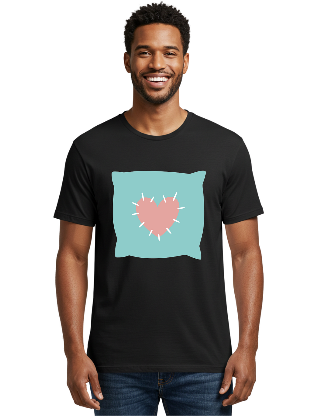 Pillow-With-Heart Men'S Graphic Tee, 100% Cotton, Comfortable Casual Summer Wear, Machine Washable, Pink Heart, Throw Pillow, Teal Background, White Accents, Home Decor, Love Symbol, Decorative Pillow, Heart Design, Cozy Atmosphere, Aac068