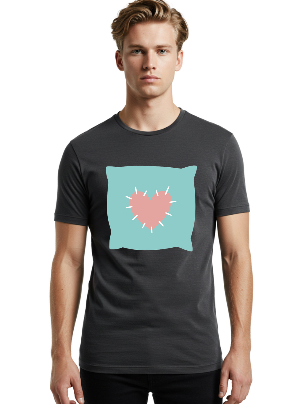 Pillow-With-Heart Men'S Graphic Tee, 100% Cotton, Comfortable Casual Summer Wear, Machine Washable, Pink Heart, Throw Pillow, Teal Background, White Accents, Home Decor, Love Symbol, Decorative Pillow, Heart Design, Cozy Atmosphere, Aac068