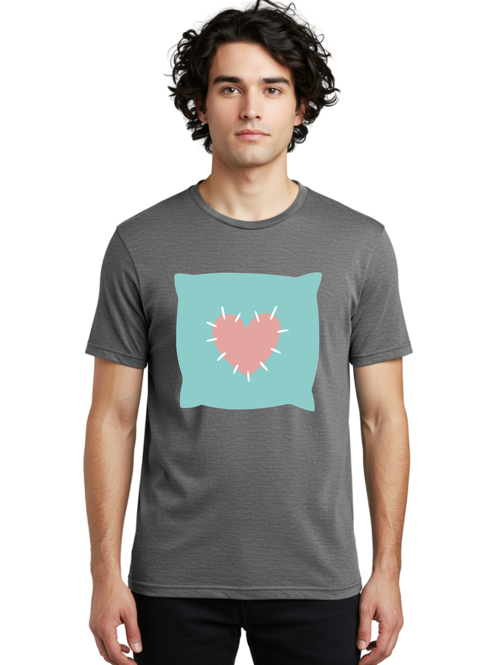 Pillow-With-Heart Men'S Graphic Tee, 100% Cotton, Comfortable Casual Summer Wear, Machine Washable, Pink Heart, Throw Pillow, Teal Background, White Accents, Home Decor, Love Symbol, Decorative Pillow, Heart Design, Cozy Atmosphere, Aac068