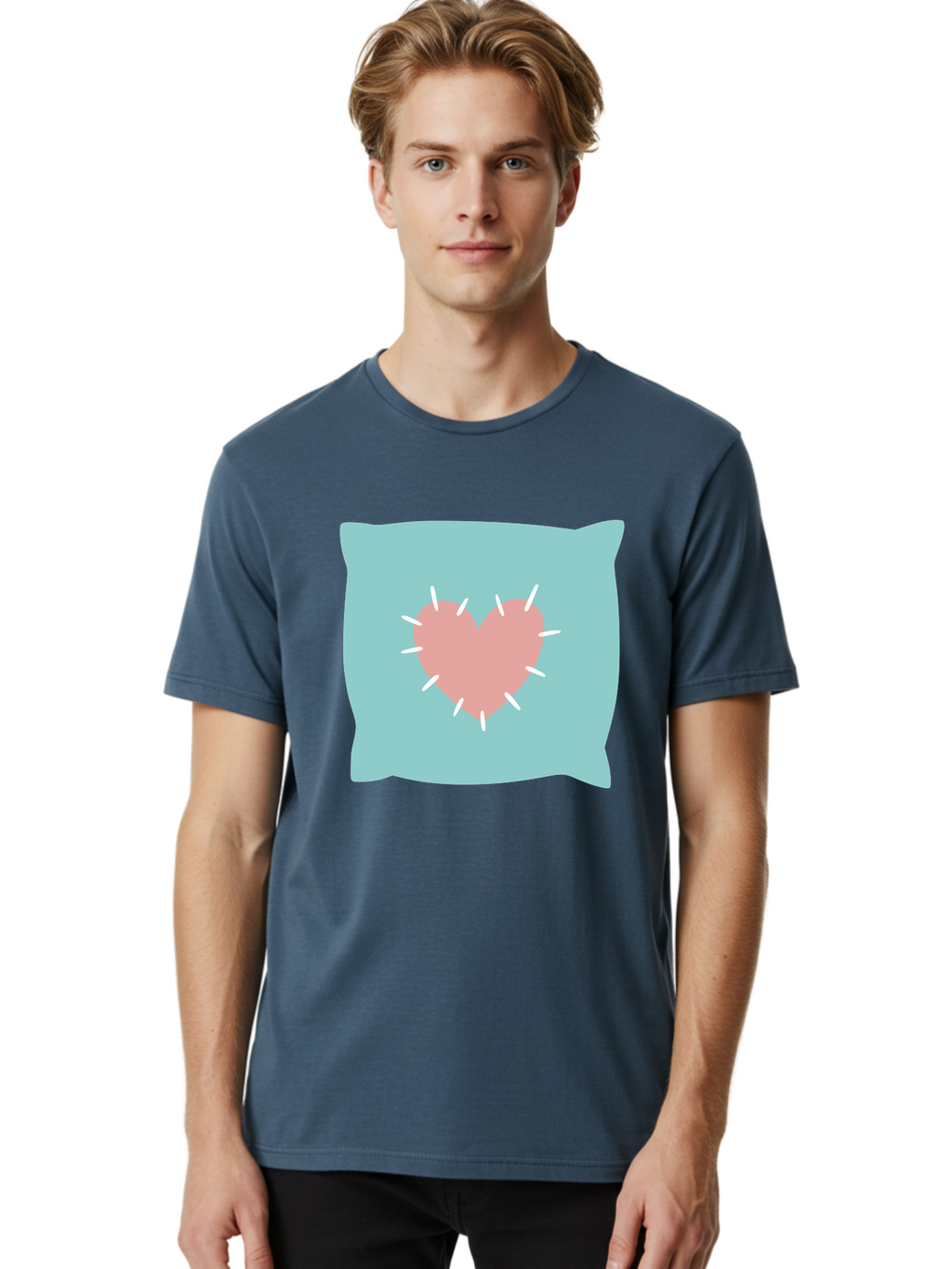 Pillow-With-Heart Men'S Graphic Tee, 100% Cotton, Comfortable Casual Summer Wear, Machine Washable, Pink Heart, Throw Pillow, Teal Background, White Accents, Home Decor, Love Symbol, Decorative Pillow, Heart Design, Cozy Atmosphere, Aac068