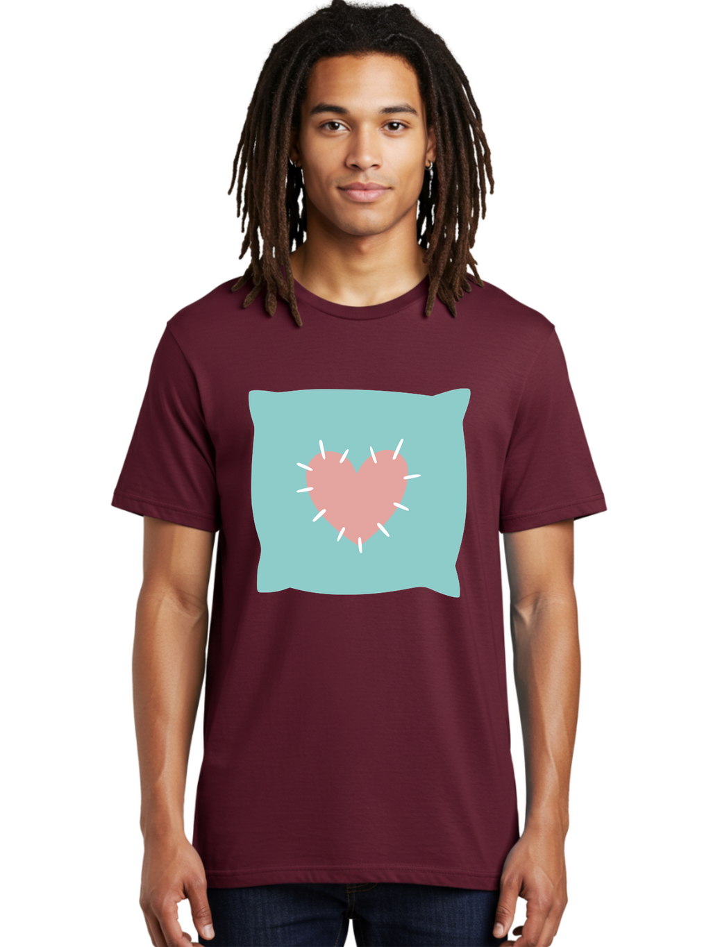 Pillow-With-Heart Men'S Graphic Tee, 100% Cotton, Comfortable Casual Summer Wear, Machine Washable, Pink Heart, Throw Pillow, Teal Background, White Accents, Home Decor, Love Symbol, Decorative Pillow, Heart Design, Cozy Atmosphere, Aac068