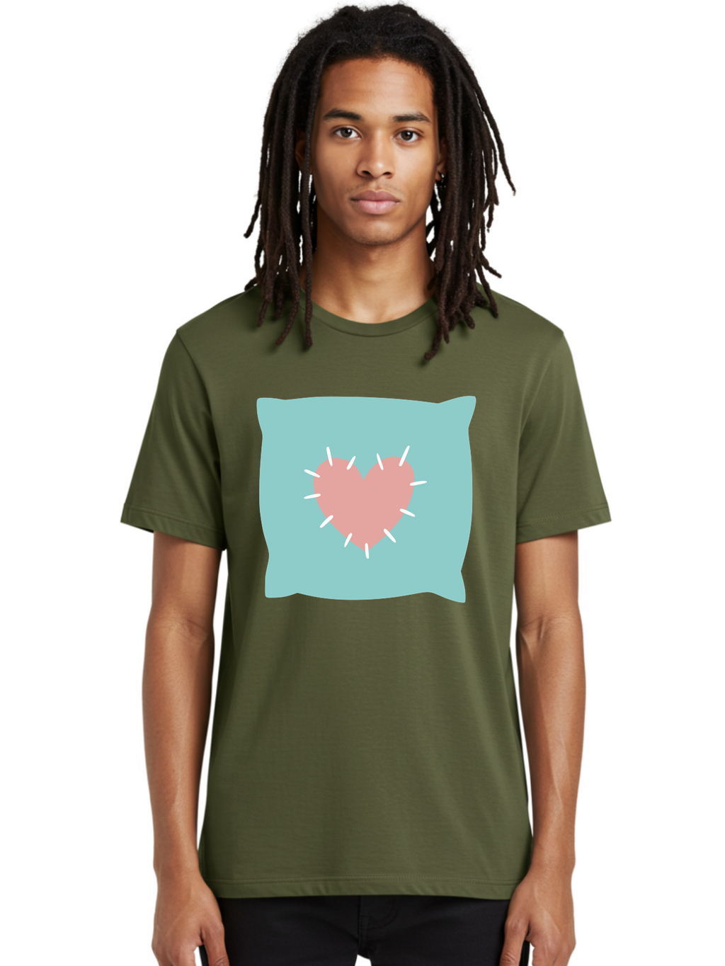 Pillow-With-Heart Men'S Graphic Tee, 100% Cotton, Comfortable Casual Summer Wear, Machine Washable, Pink Heart, Throw Pillow, Teal Background, White Accents, Home Decor, Love Symbol, Decorative Pillow, Heart Design, Cozy Atmosphere, Aac068