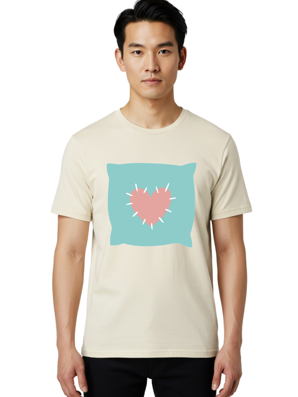 Pillow-With-Heart Men'S Graphic Tee, 100% Cotton, Comfortable Casual Summer Wear, Machine Washable, Pink Heart, Throw Pillow, Teal Background, White Accents, Home Decor, Love Symbol, Decorative Pillow, Heart Design, Cozy Atmosphere, Aac068