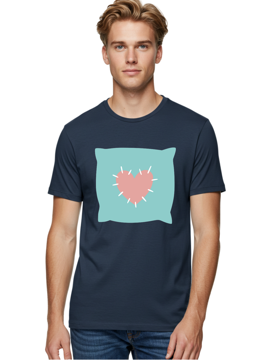 Pillow-With-Heart Men'S Graphic Tee, 100% Cotton, Comfortable Casual Summer Wear, Machine Washable, Pink Heart, Throw Pillow, Teal Background, White Accents, Home Decor, Love Symbol, Decorative Pillow, Heart Design, Cozy Atmosphere, Aac068
