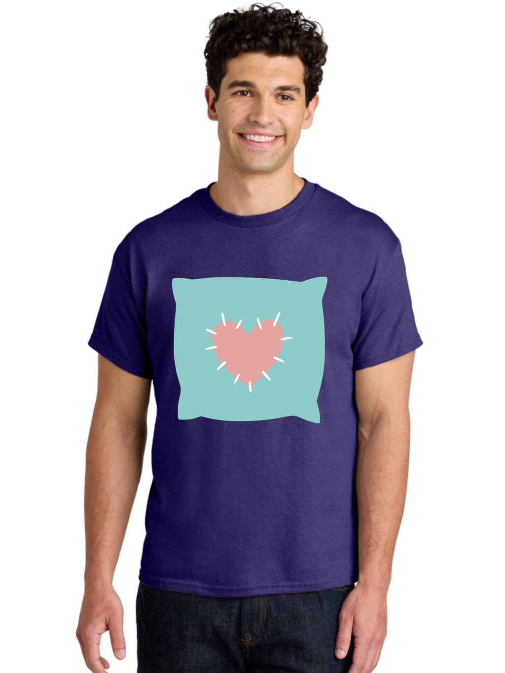 Pillow-With-Heart Men'S Graphic Tee, 100% Cotton, Comfortable Casual Summer Wear, Machine Washable, Pink Heart, Throw Pillow, Teal Background, White Accents, Home Decor, Love Symbol, Decorative Pillow, Heart Design, Cozy Atmosphere, Aac068