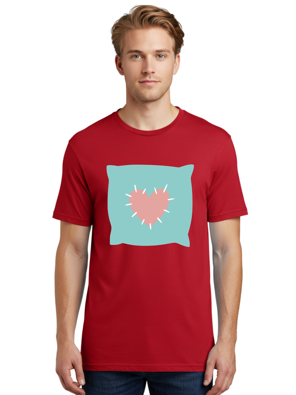 Pillow-With-Heart Men'S Graphic Tee, 100% Cotton, Comfortable Casual Summer Wear, Machine Washable, Pink Heart, Throw Pillow, Teal Background, White Accents, Home Decor, Love Symbol, Decorative Pillow, Heart Design, Cozy Atmosphere, Aac068