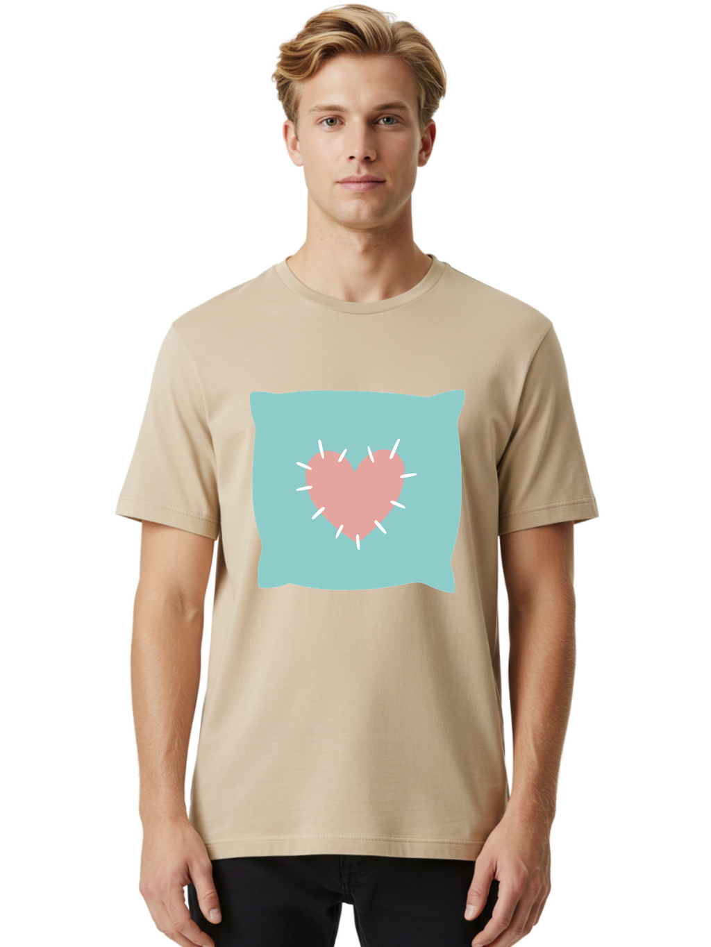Pillow-With-Heart Men'S Graphic Tee, 100% Cotton, Comfortable Casual Summer Wear, Machine Washable, Pink Heart, Throw Pillow, Teal Background, White Accents, Home Decor, Love Symbol, Decorative Pillow, Heart Design, Cozy Atmosphere, Aac068