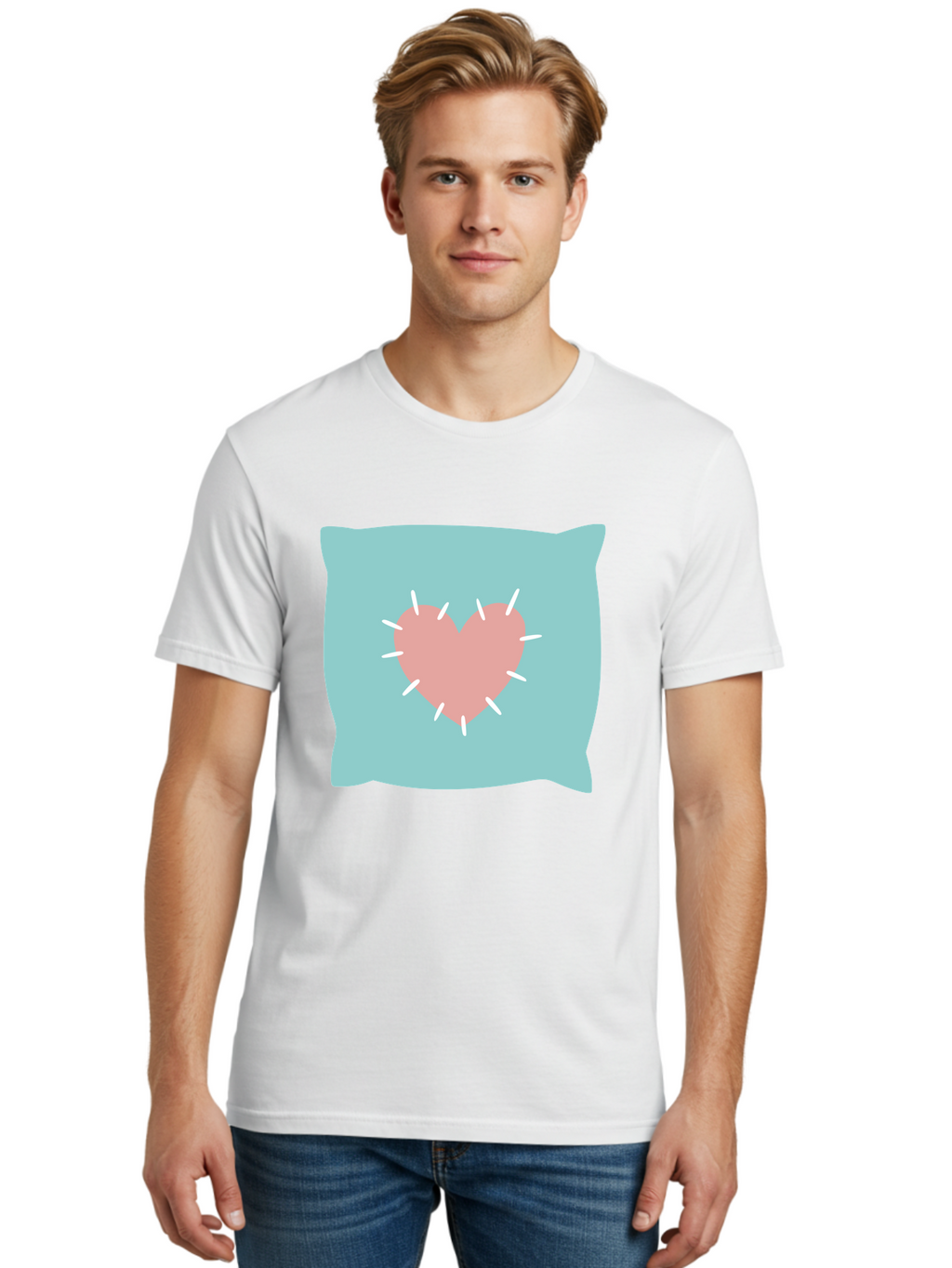 Pillow-With-Heart Men'S Graphic Tee, 100% Cotton, Comfortable Casual Summer Wear, Machine Washable, Pink Heart, Throw Pillow, Teal Background, White Accents, Home Decor, Love Symbol, Decorative Pillow, Heart Design, Cozy Atmosphere, Aac068