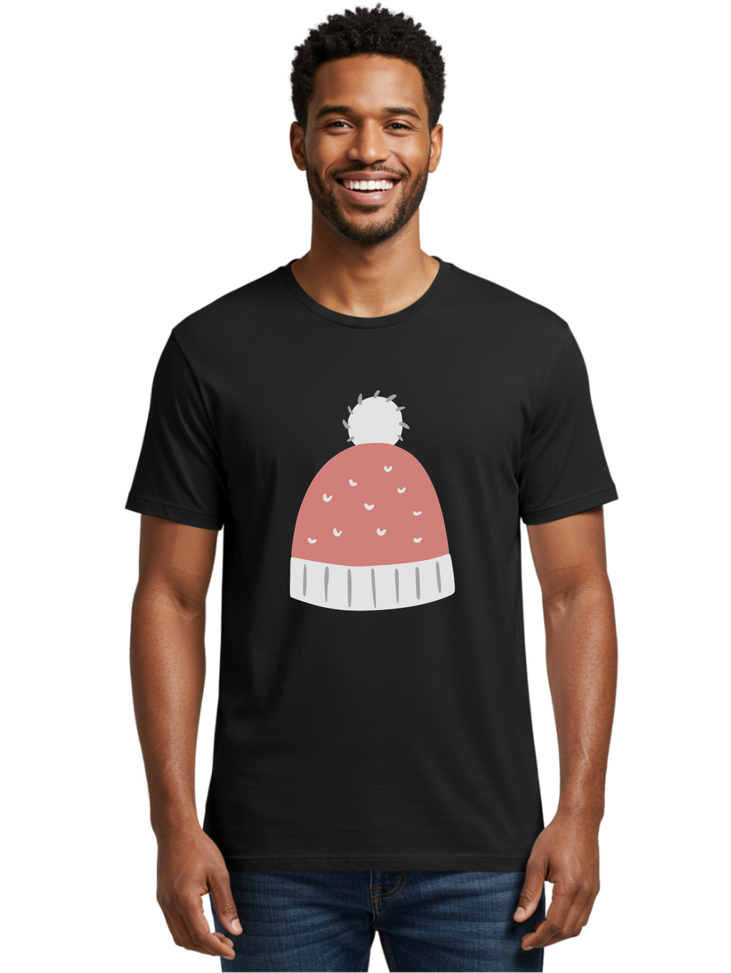 Pink-Beanie Men'S Graphic Tee, 100% Cotton, Comfortable Casual Summer Wear, Machine Washable, Winter Hat, Beanie With Pom-Pom, Pink And White, Festive Fashion, Cold Weather Accessory, Trendy Headwear, Winter Clothing Aac072