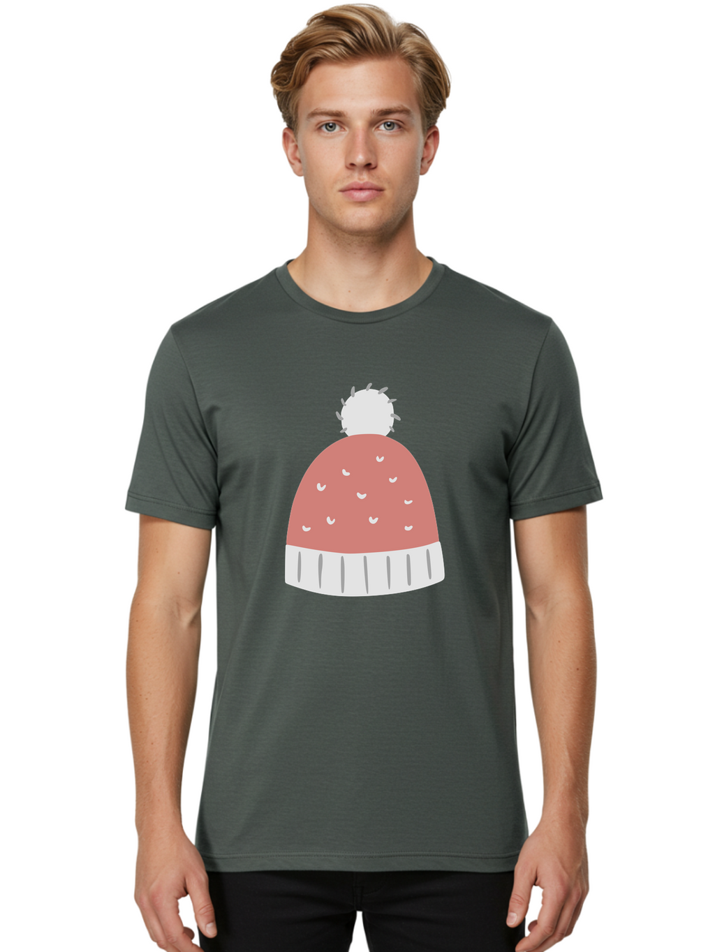 Pink-Beanie Men'S Graphic Tee, 100% Cotton, Comfortable Casual Summer Wear, Machine Washable, Winter Hat, Beanie With Pom-Pom, Pink And White, Festive Fashion, Cold Weather Accessory, Trendy Headwear, Winter Clothing Aac072
