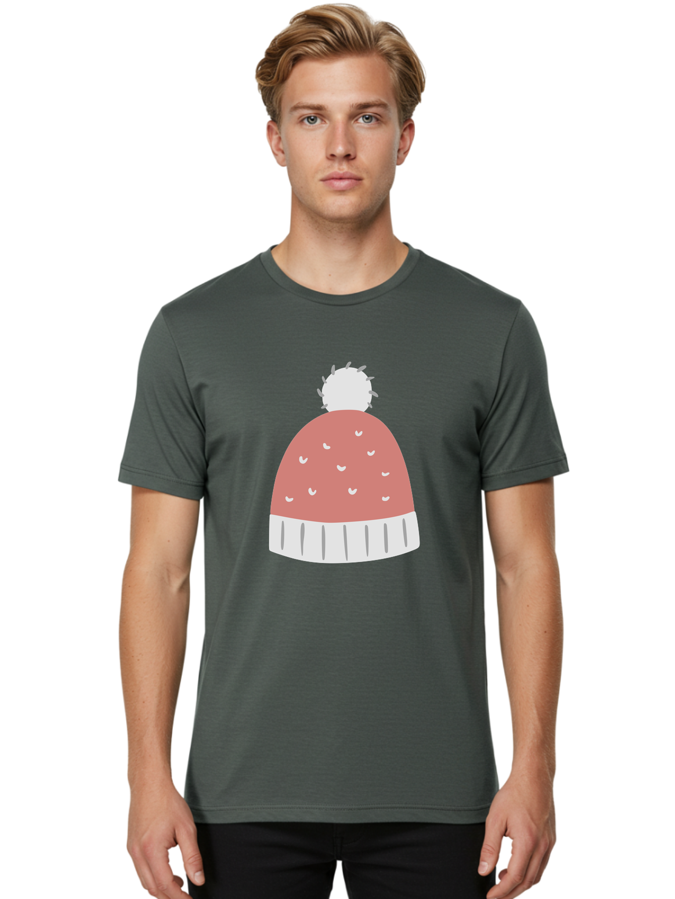 Pink-Beanie Men'S Graphic Tee, 100% Cotton, Comfortable Casual Summer Wear, Machine Washable, Winter Hat, Beanie With Pom-Pom, Pink And White, Festive Fashion, Cold Weather Accessory, Trendy Headwear, Winter Clothing Aac072