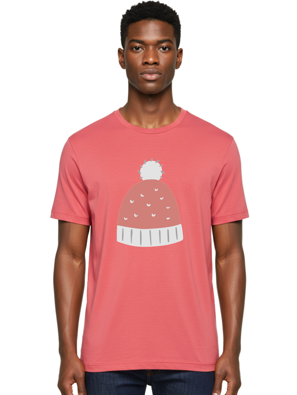 Pink-Beanie Men'S Graphic Tee, 100% Cotton, Comfortable Casual Summer Wear, Machine Washable, Winter Hat, Beanie With Pom-Pom, Pink And White, Festive Fashion, Cold Weather Accessory, Trendy Headwear, Winter Clothing Aac072