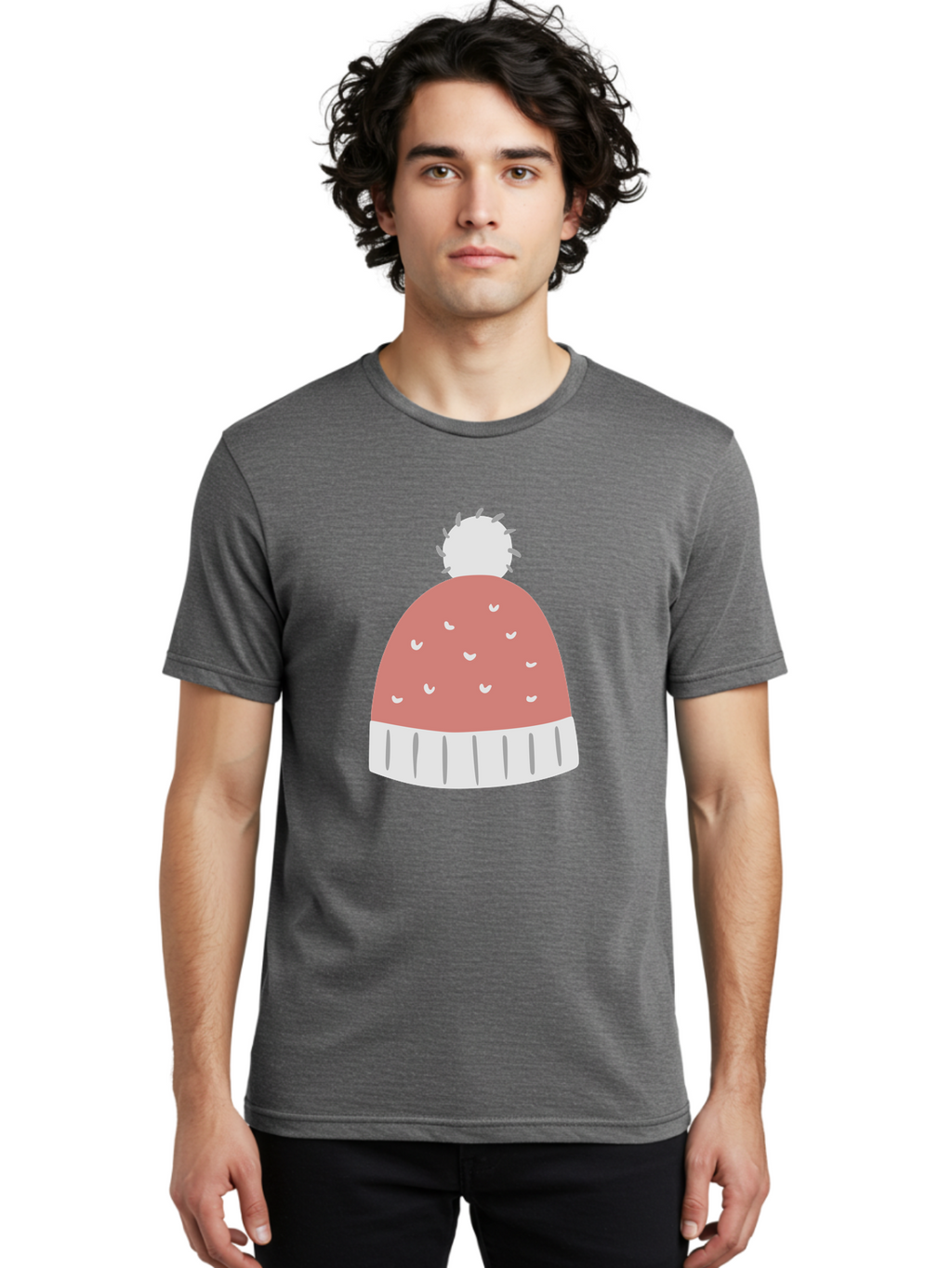Pink-Beanie Men'S Graphic Tee, 100% Cotton, Comfortable Casual Summer Wear, Machine Washable, Winter Hat, Beanie With Pom-Pom, Pink And White, Festive Fashion, Cold Weather Accessory, Trendy Headwear, Winter Clothing Aac072