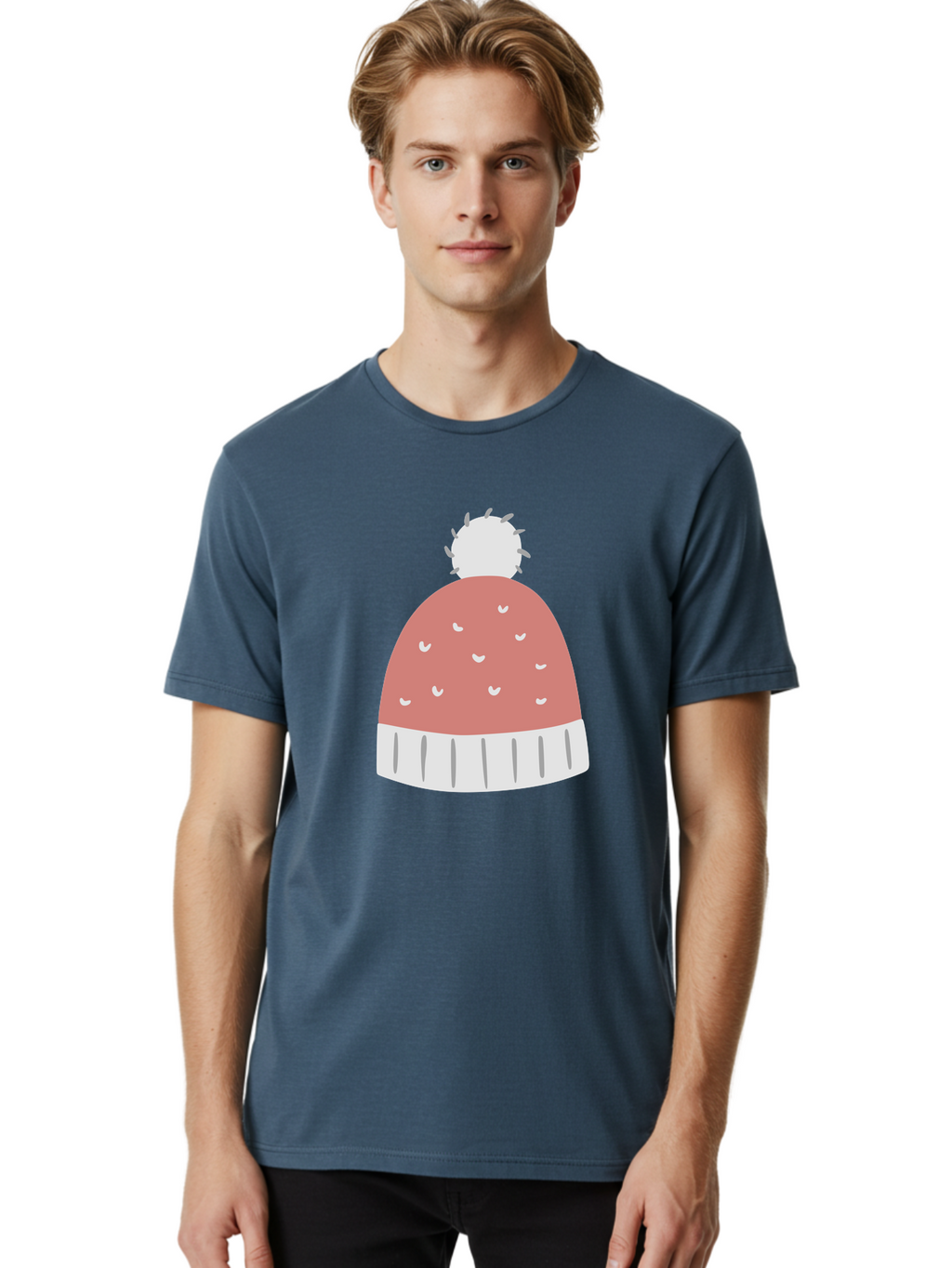 Pink-Beanie Men'S Graphic Tee, 100% Cotton, Comfortable Casual Summer Wear, Machine Washable, Winter Hat, Beanie With Pom-Pom, Pink And White, Festive Fashion, Cold Weather Accessory, Trendy Headwear, Winter Clothing Aac072