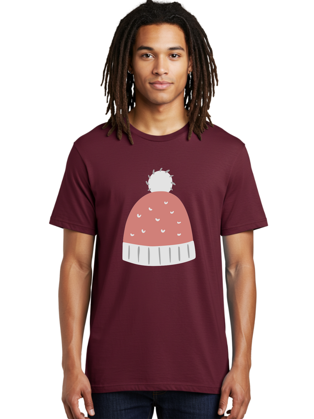 Pink-Beanie Men'S Graphic Tee, 100% Cotton, Comfortable Casual Summer Wear, Machine Washable, Winter Hat, Beanie With Pom-Pom, Pink And White, Festive Fashion, Cold Weather Accessory, Trendy Headwear, Winter Clothing Aac072