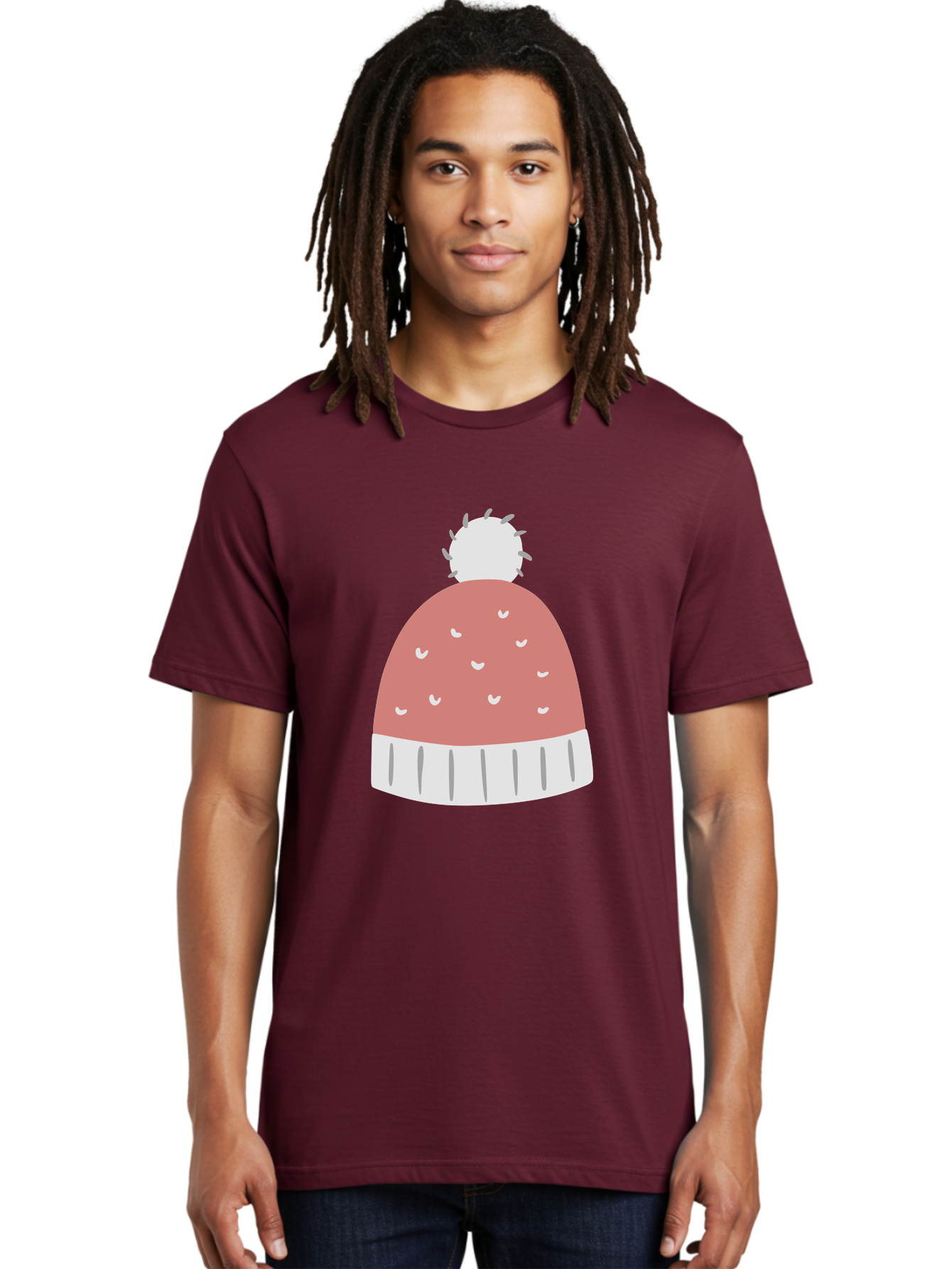 Pink-Beanie Men'S Graphic Tee, 100% Cotton, Comfortable Casual Summer Wear, Machine Washable, Winter Hat, Beanie With Pom-Pom, Pink And White, Festive Fashion, Cold Weather Accessory, Trendy Headwear, Winter Clothing Aac072