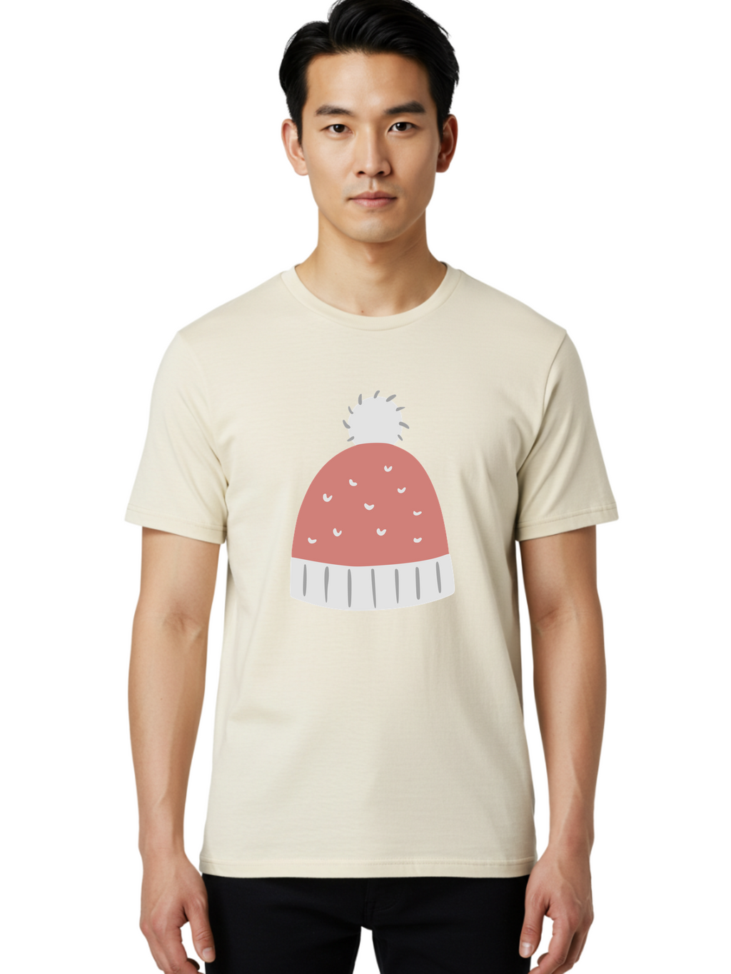 Pink-Beanie Men'S Graphic Tee, 100% Cotton, Comfortable Casual Summer Wear, Machine Washable, Winter Hat, Beanie With Pom-Pom, Pink And White, Festive Fashion, Cold Weather Accessory, Trendy Headwear, Winter Clothing Aac072