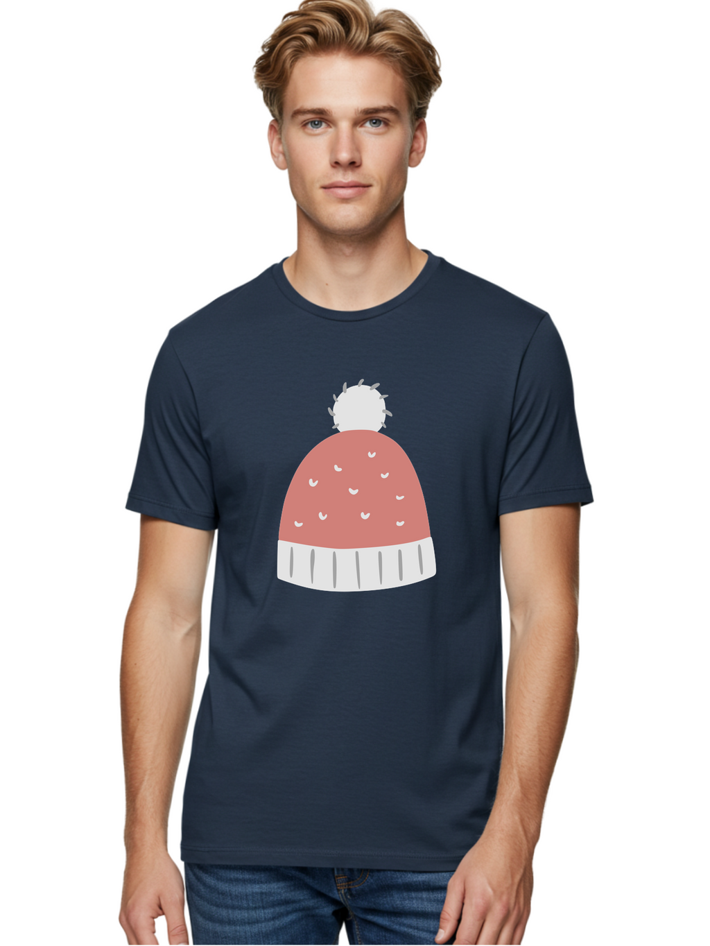 Pink-Beanie Men'S Graphic Tee, 100% Cotton, Comfortable Casual Summer Wear, Machine Washable, Winter Hat, Beanie With Pom-Pom, Pink And White, Festive Fashion, Cold Weather Accessory, Trendy Headwear, Winter Clothing Aac072