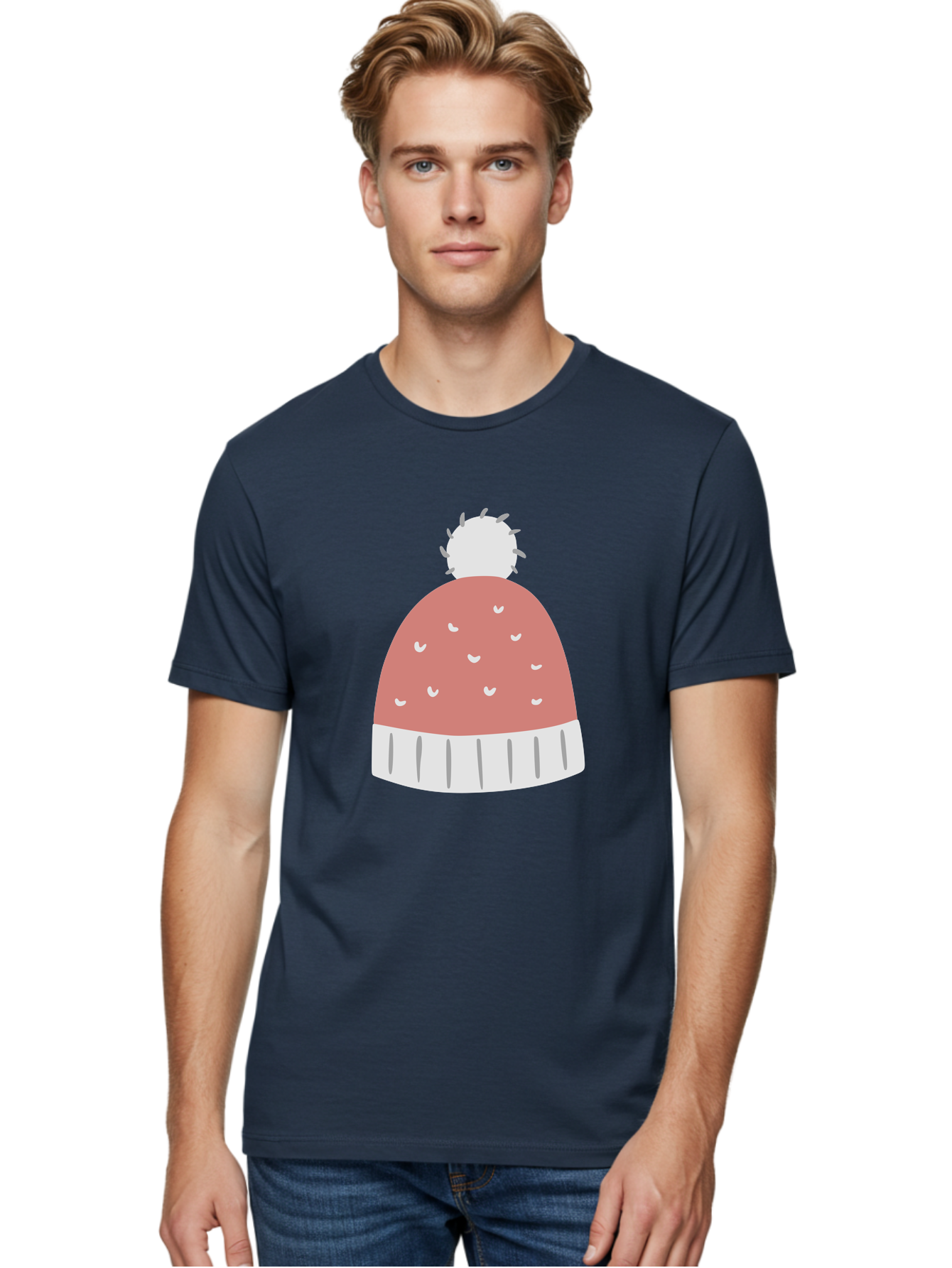 Pink-Beanie Men'S Graphic Tee, 100% Cotton, Comfortable Casual Summer Wear, Machine Washable, Winter Hat, Beanie With Pom-Pom, Pink And White, Festive Fashion, Cold Weather Accessory, Trendy Headwear, Winter Clothing Aac072