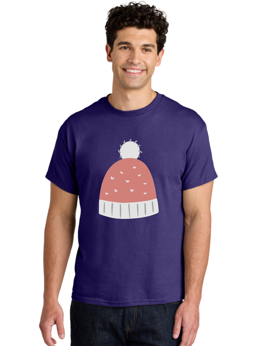 Pink-Beanie Men'S Graphic Tee, 100% Cotton, Comfortable Casual Summer Wear, Machine Washable, Winter Hat, Beanie With Pom-Pom, Pink And White, Festive Fashion, Cold Weather Accessory, Trendy Headwear, Winter Clothing Aac072
