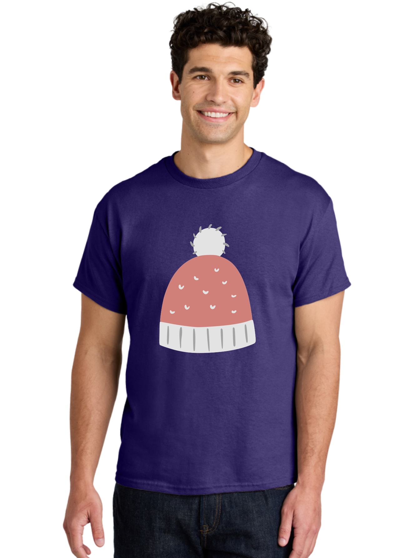 Pink-Beanie Men'S Graphic Tee, 100% Cotton, Comfortable Casual Summer Wear, Machine Washable, Winter Hat, Beanie With Pom-Pom, Pink And White, Festive Fashion, Cold Weather Accessory, Trendy Headwear, Winter Clothing Aac072