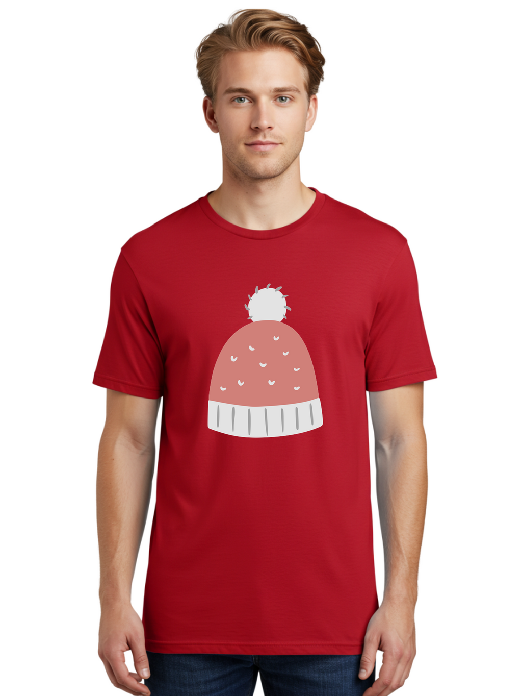 Pink-Beanie Men'S Graphic Tee, 100% Cotton, Comfortable Casual Summer Wear, Machine Washable, Winter Hat, Beanie With Pom-Pom, Pink And White, Festive Fashion, Cold Weather Accessory, Trendy Headwear, Winter Clothing Aac072