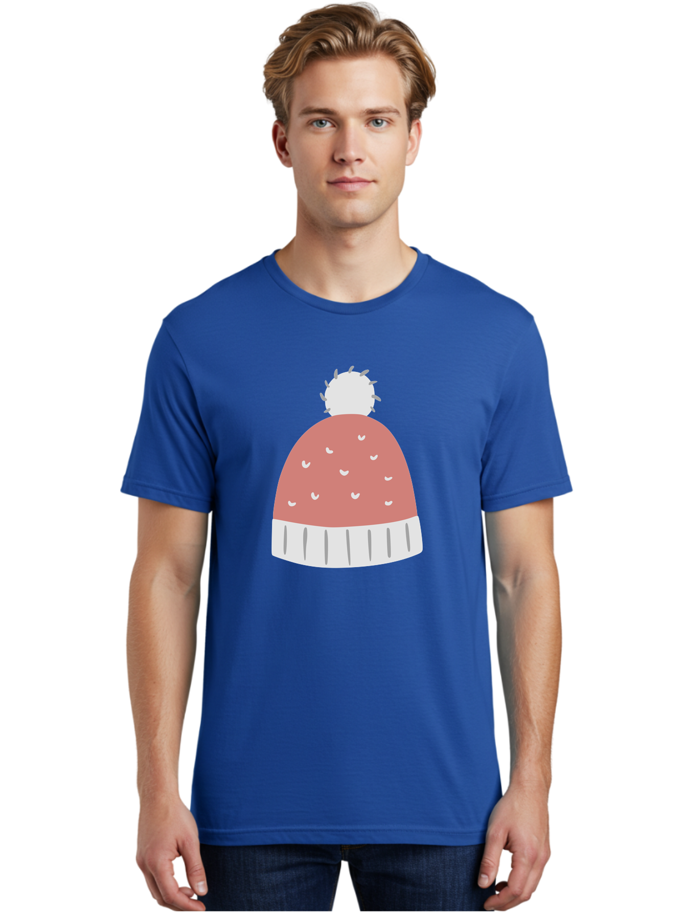 Pink-Beanie Men'S Graphic Tee, 100% Cotton, Comfortable Casual Summer Wear, Machine Washable, Winter Hat, Beanie With Pom-Pom, Pink And White, Festive Fashion, Cold Weather Accessory, Trendy Headwear, Winter Clothing Aac072