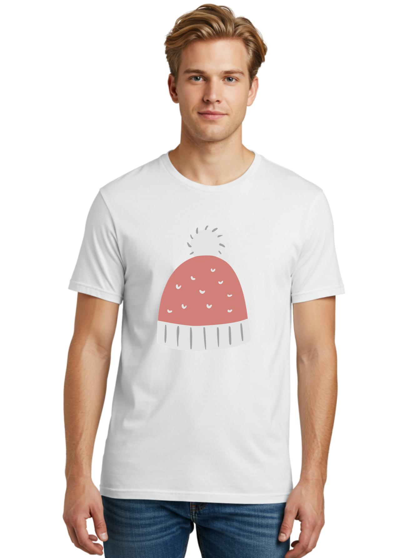 Pink-Beanie Men'S Graphic Tee, 100% Cotton, Comfortable Casual Summer Wear, Machine Washable, Winter Hat, Beanie With Pom-Pom, Pink And White, Festive Fashion, Cold Weather Accessory, Trendy Headwear, Winter Clothing Aac072