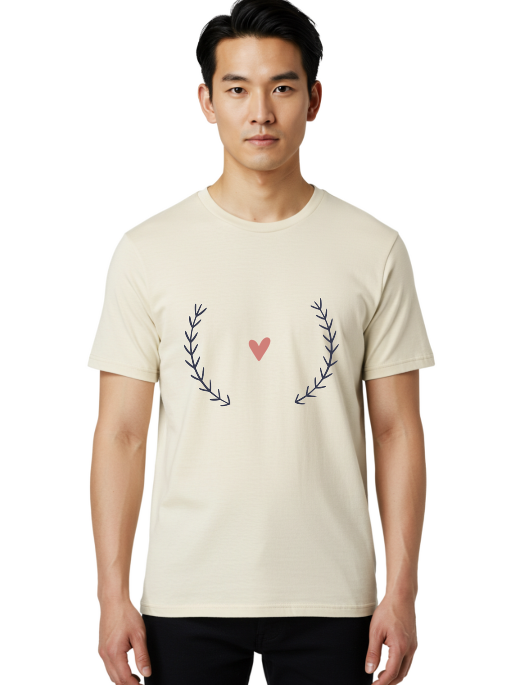 Pink-Heart-Laurel Men'S Graphic Tee, 100% Cotton, Comfortable Casual Summer Wear, Machine Washable, Pink Heart Symbol, Purple Leaves, Love Icon, Minimalist Design, Simple Graphics, Heart Shape, Floral Elements, Romantic Symbolism, Aac076