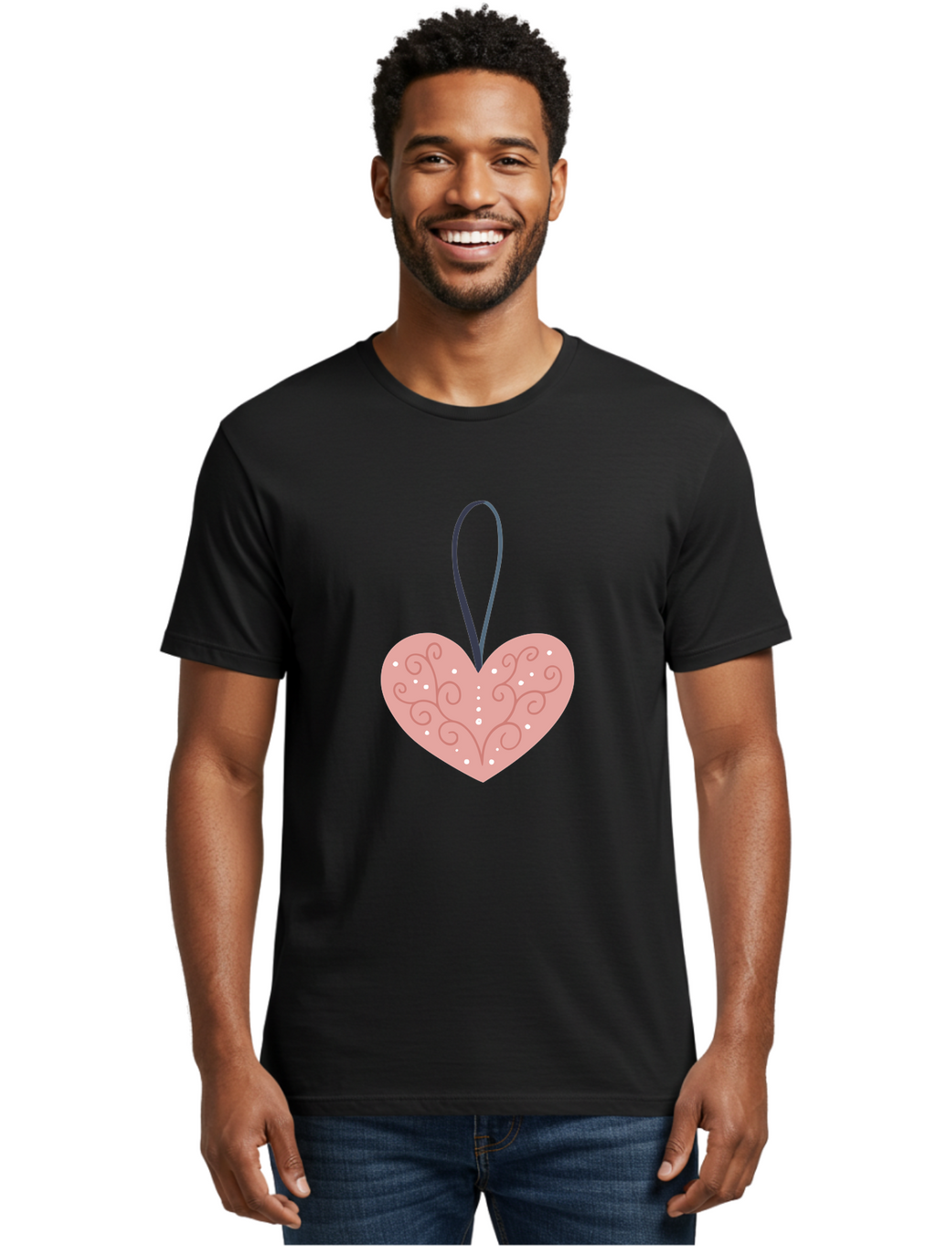 Pink-Heart-Ornament Men'S Graphic Tee, 100% Cotton, Comfortable Casual Summer Wear, Machine Washable, Pink Heart Ornament, Decorative Design, Swirling Patterns, White Dots, Hanging Decoration, Love Symbol, Valentines Day Gift, Festive Decor Aac077