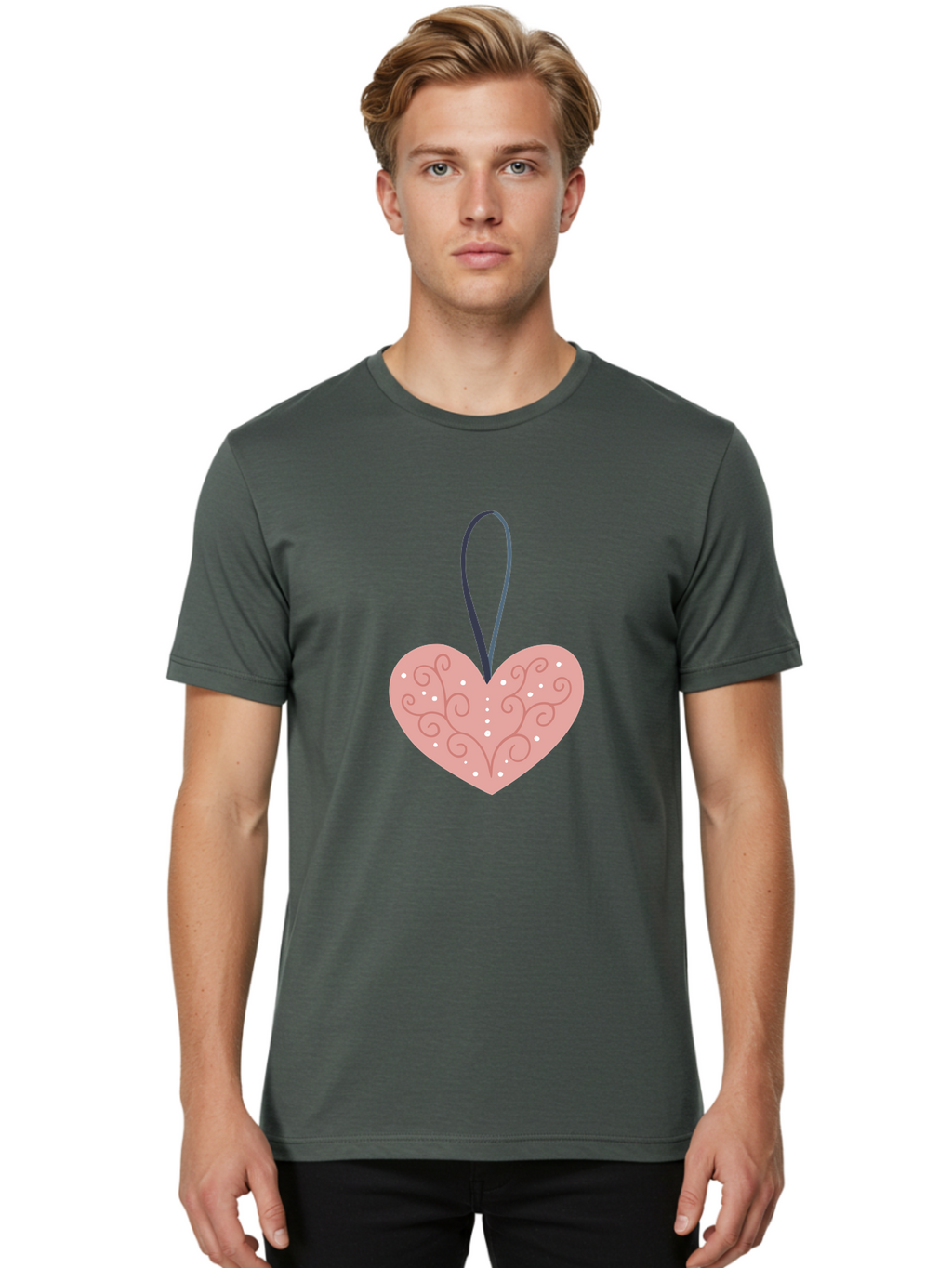 Pink-Heart-Ornament Men'S Graphic Tee, 100% Cotton, Comfortable Casual Summer Wear, Machine Washable, Pink Heart Ornament, Decorative Design, Swirling Patterns, White Dots, Hanging Decoration, Love Symbol, Valentines Day Gift, Festive Decor Aac077
