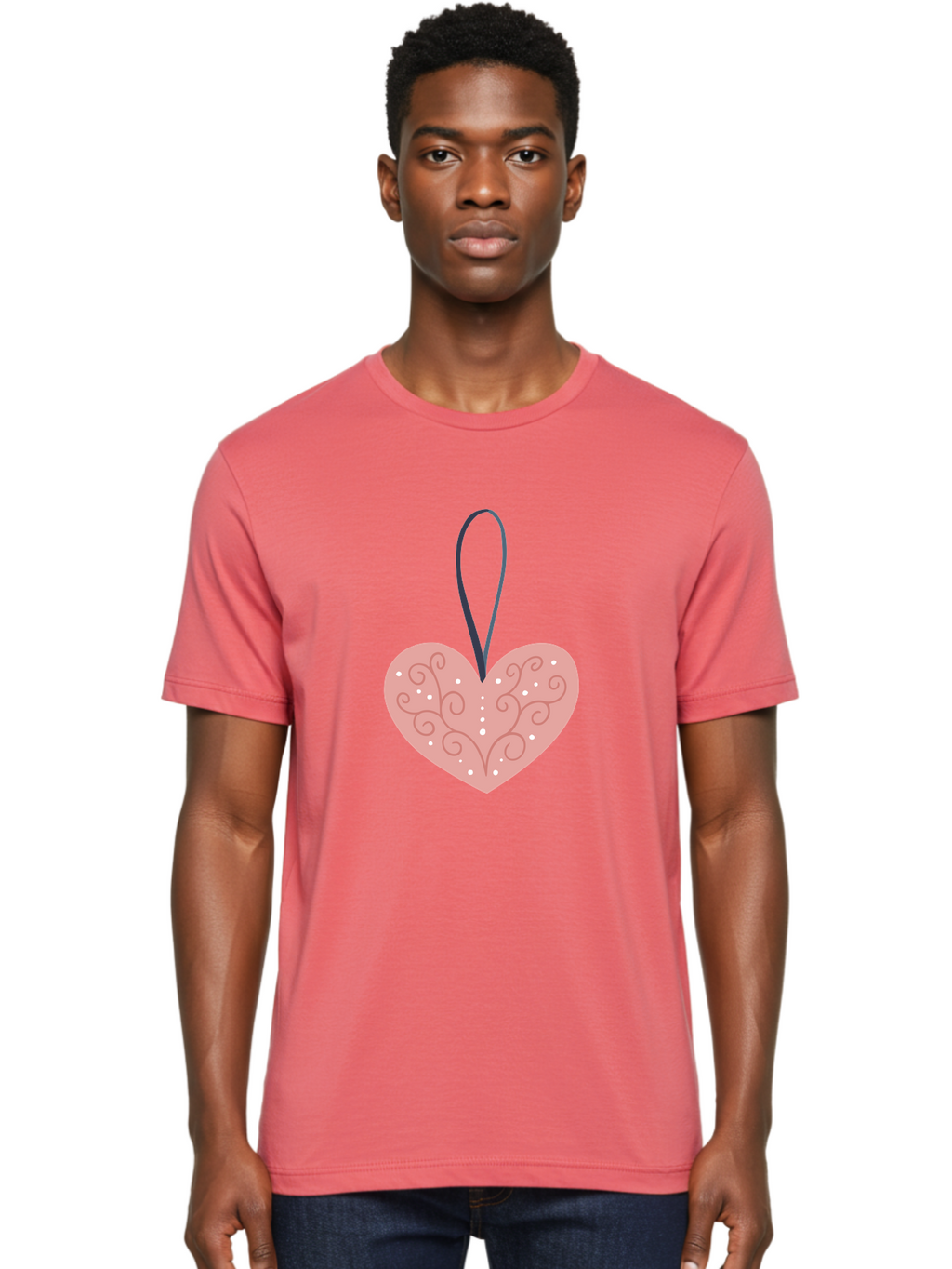Pink-Heart-Ornament Men'S Graphic Tee, 100% Cotton, Comfortable Casual Summer Wear, Machine Washable, Pink Heart Ornament, Decorative Design, Swirling Patterns, White Dots, Hanging Decoration, Love Symbol, Valentines Day Gift, Festive Decor Aac077