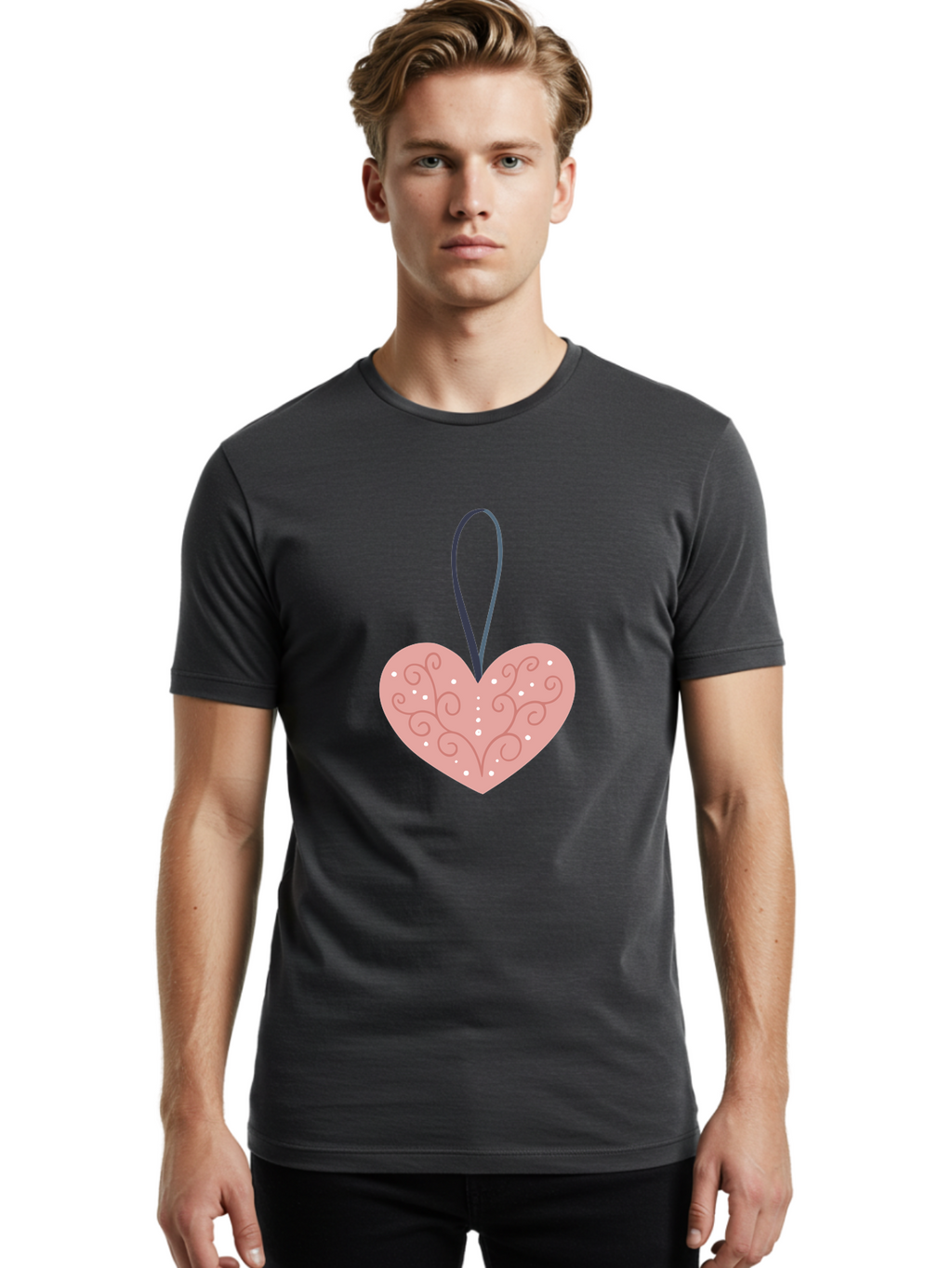Pink-Heart-Ornament Men'S Graphic Tee, 100% Cotton, Comfortable Casual Summer Wear, Machine Washable, Pink Heart Ornament, Decorative Design, Swirling Patterns, White Dots, Hanging Decoration, Love Symbol, Valentines Day Gift, Festive Decor Aac077