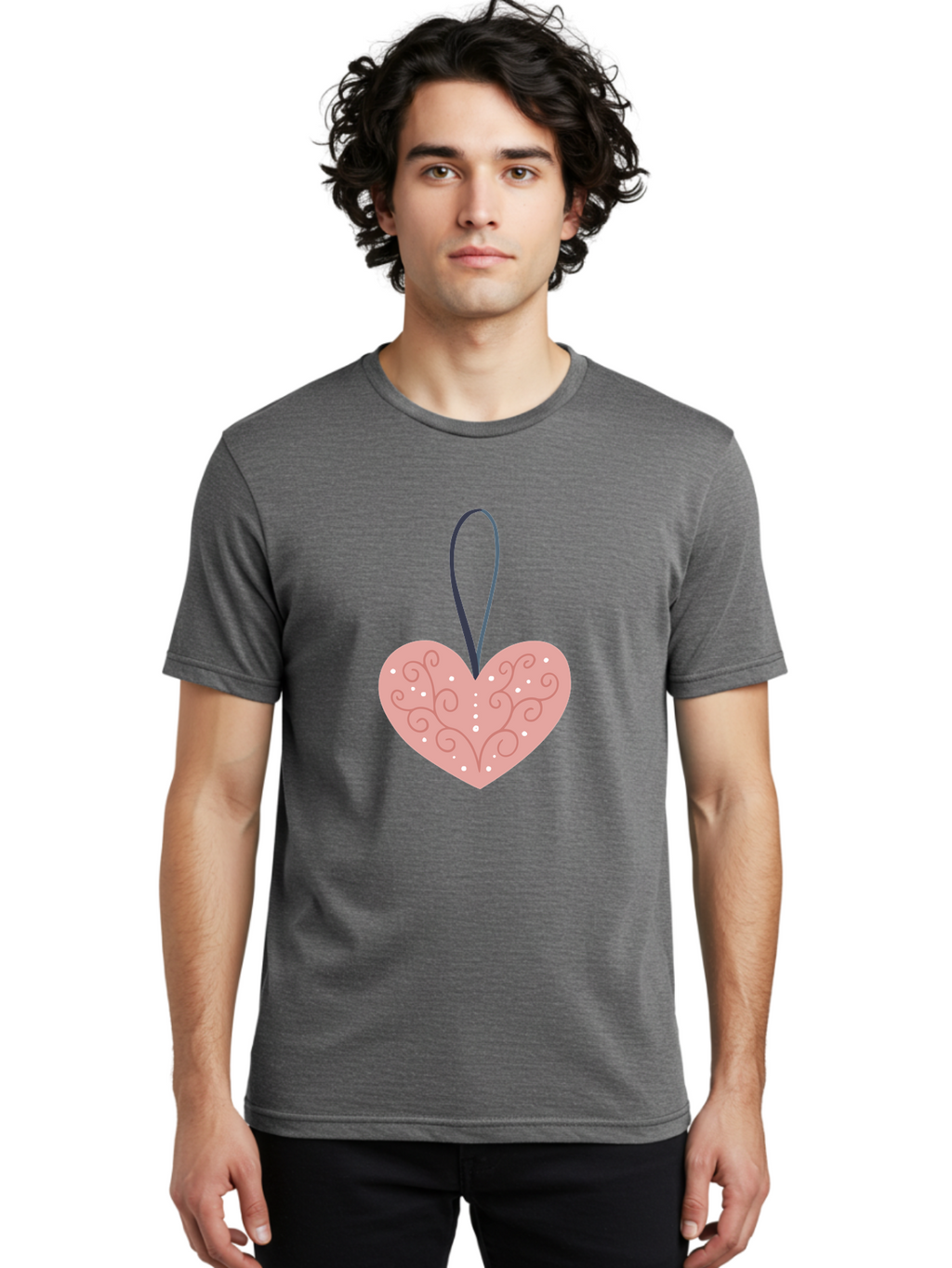 Pink-Heart-Ornament Men'S Graphic Tee, 100% Cotton, Comfortable Casual Summer Wear, Machine Washable, Pink Heart Ornament, Decorative Design, Swirling Patterns, White Dots, Hanging Decoration, Love Symbol, Valentines Day Gift, Festive Decor Aac077