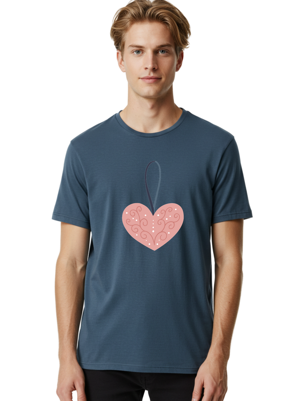 Pink-Heart-Ornament Men'S Graphic Tee, 100% Cotton, Comfortable Casual Summer Wear, Machine Washable, Pink Heart Ornament, Decorative Design, Swirling Patterns, White Dots, Hanging Decoration, Love Symbol, Valentines Day Gift, Festive Decor Aac077