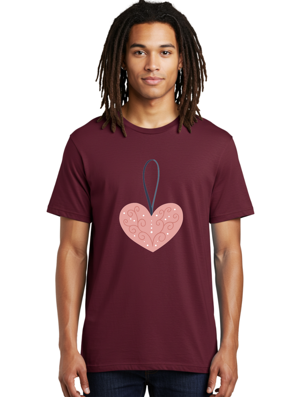 Pink-Heart-Ornament Men'S Graphic Tee, 100% Cotton, Comfortable Casual Summer Wear, Machine Washable, Pink Heart Ornament, Decorative Design, Swirling Patterns, White Dots, Hanging Decoration, Love Symbol, Valentines Day Gift, Festive Decor Aac077