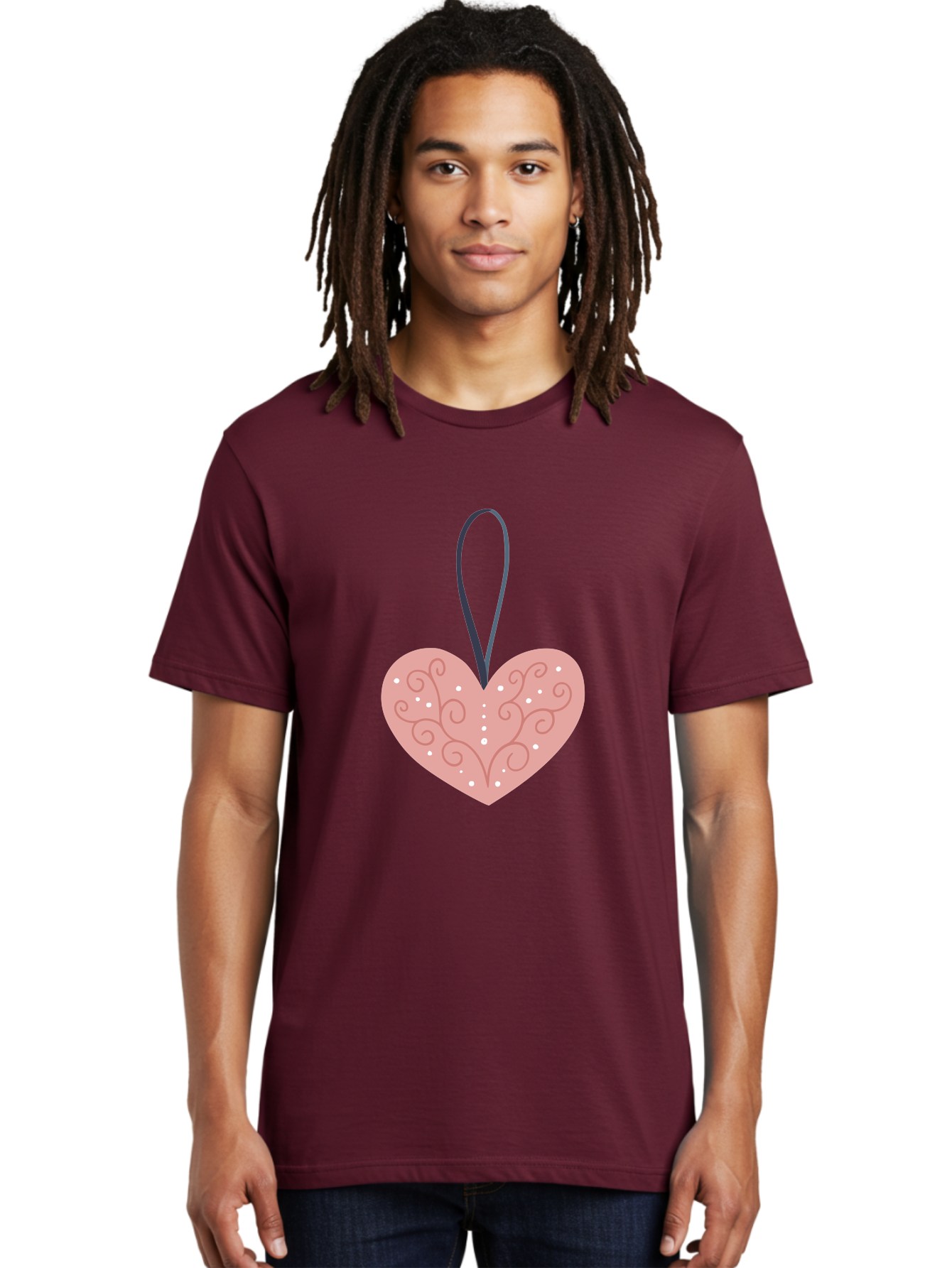Pink-Heart-Ornament Men'S Graphic Tee, 100% Cotton, Comfortable Casual Summer Wear, Machine Washable, Pink Heart Ornament, Decorative Design, Swirling Patterns, White Dots, Hanging Decoration, Love Symbol, Valentines Day Gift, Festive Decor Aac077