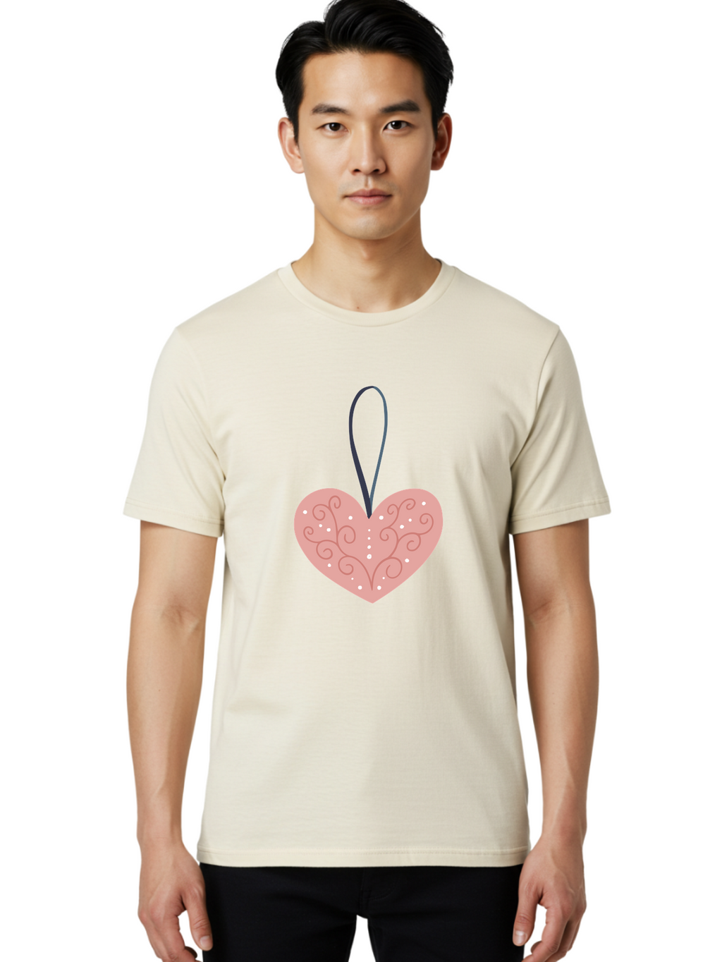Pink-Heart-Ornament Men'S Graphic Tee, 100% Cotton, Comfortable Casual Summer Wear, Machine Washable, Pink Heart Ornament, Decorative Design, Swirling Patterns, White Dots, Hanging Decoration, Love Symbol, Valentines Day Gift, Festive Decor Aac077