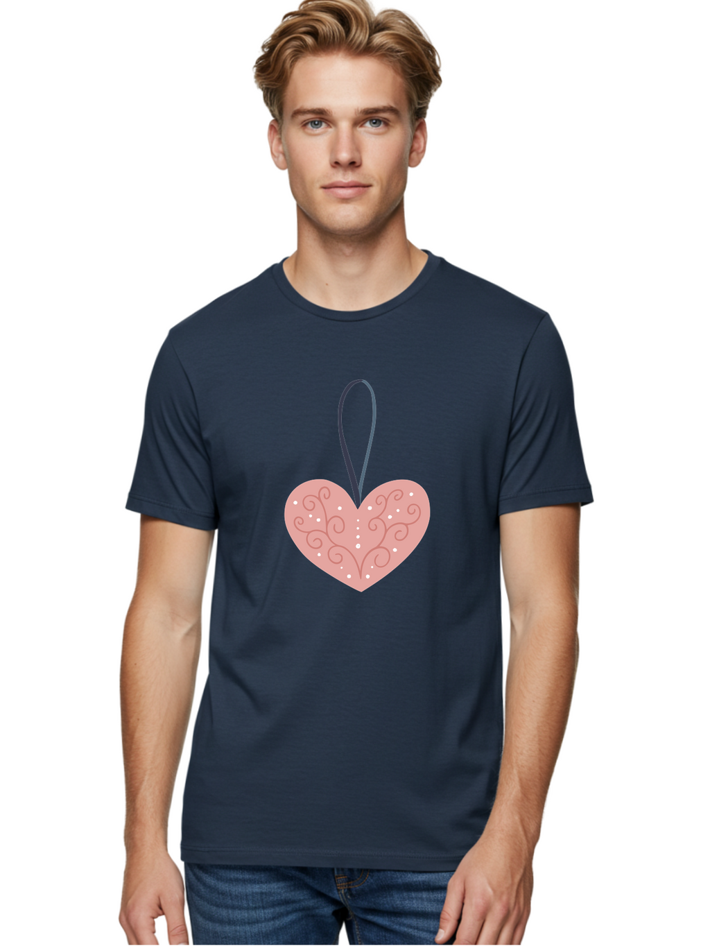 Pink-Heart-Ornament Men'S Graphic Tee, 100% Cotton, Comfortable Casual Summer Wear, Machine Washable, Pink Heart Ornament, Decorative Design, Swirling Patterns, White Dots, Hanging Decoration, Love Symbol, Valentines Day Gift, Festive Decor Aac077
