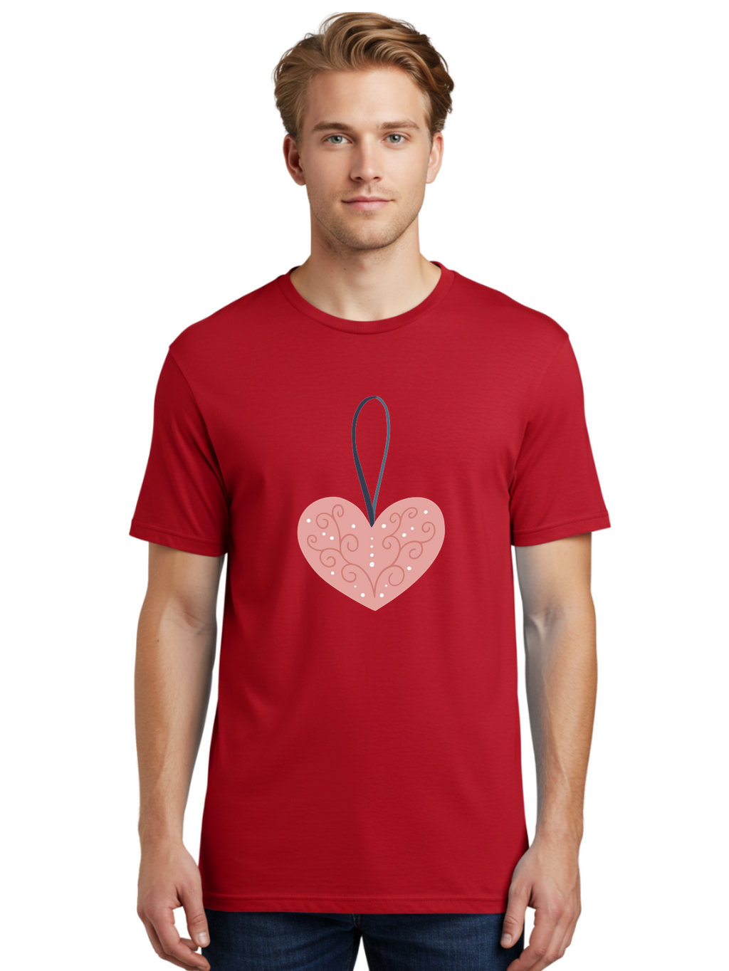 Pink-Heart-Ornament Men'S Graphic Tee, 100% Cotton, Comfortable Casual Summer Wear, Machine Washable, Pink Heart Ornament, Decorative Design, Swirling Patterns, White Dots, Hanging Decoration, Love Symbol, Valentines Day Gift, Festive Decor Aac077