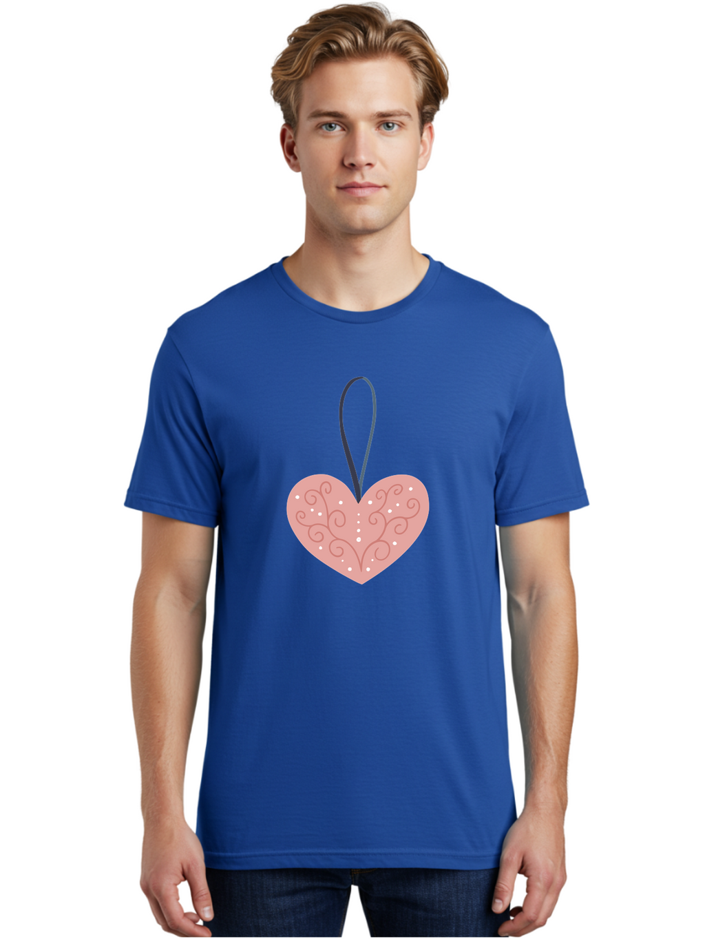 Pink-Heart-Ornament Men'S Graphic Tee, 100% Cotton, Comfortable Casual Summer Wear, Machine Washable, Pink Heart Ornament, Decorative Design, Swirling Patterns, White Dots, Hanging Decoration, Love Symbol, Valentines Day Gift, Festive Decor Aac077
