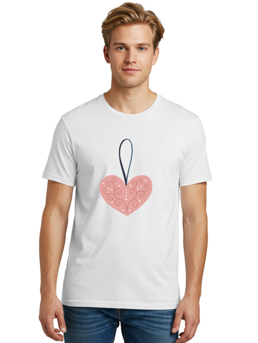 Pink-Heart-Ornament Men'S Graphic Tee, 100% Cotton, Comfortable Casual Summer Wear, Machine Washable, Pink Heart Ornament, Decorative Design, Swirling Patterns, White Dots, Hanging Decoration, Love Symbol, Valentines Day Gift, Festive Decor Aac077