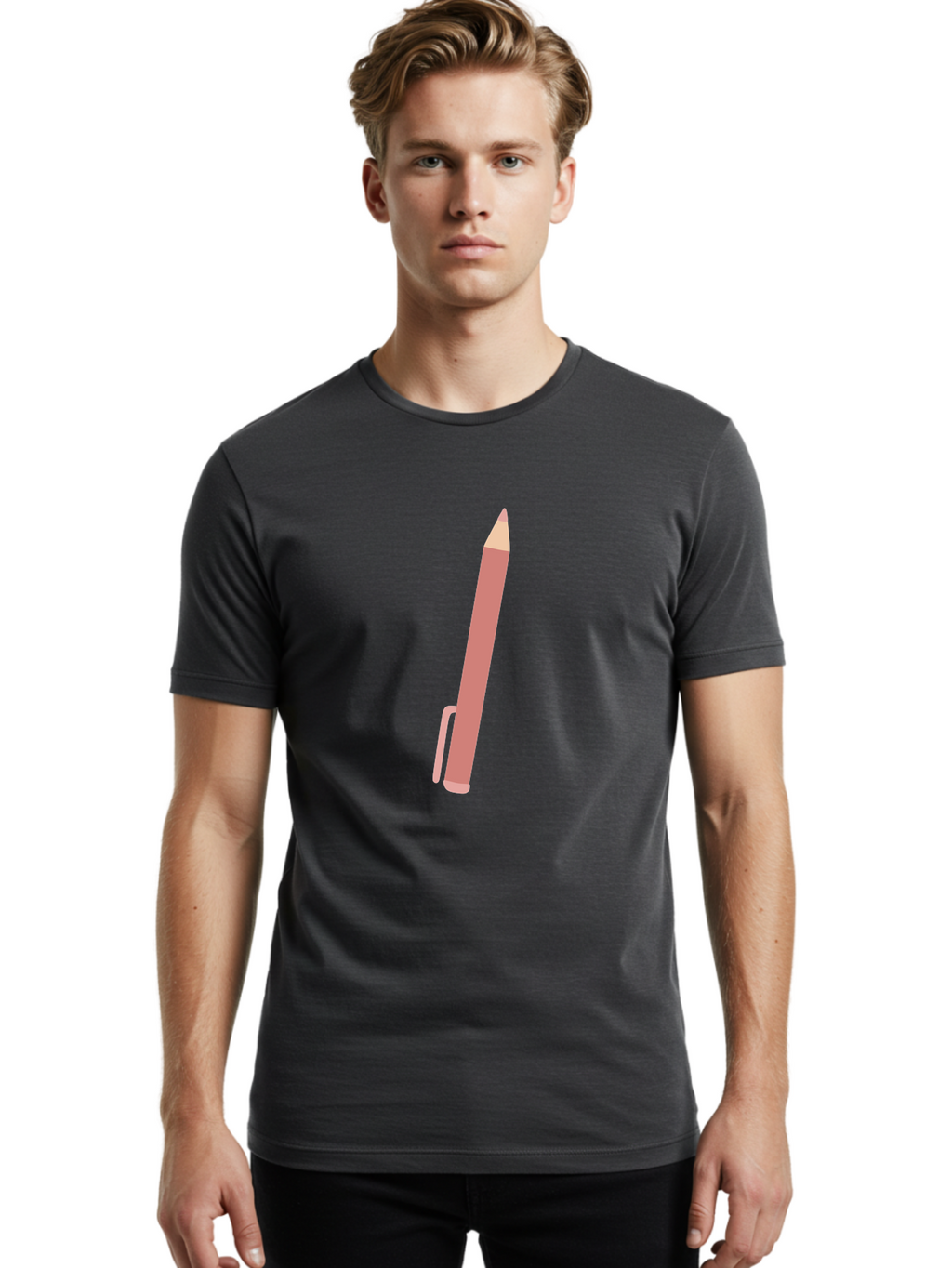 Pink-Pencil Men'S Graphic Tee, 100% Cotton, Comfortable Casual Summer Wear, Machine Washable, Pink Pen, Drawing Tool, Writing Instrument, Office Supplies, Stationery, Creative Writing, Artwork, Graphic Design Aac078