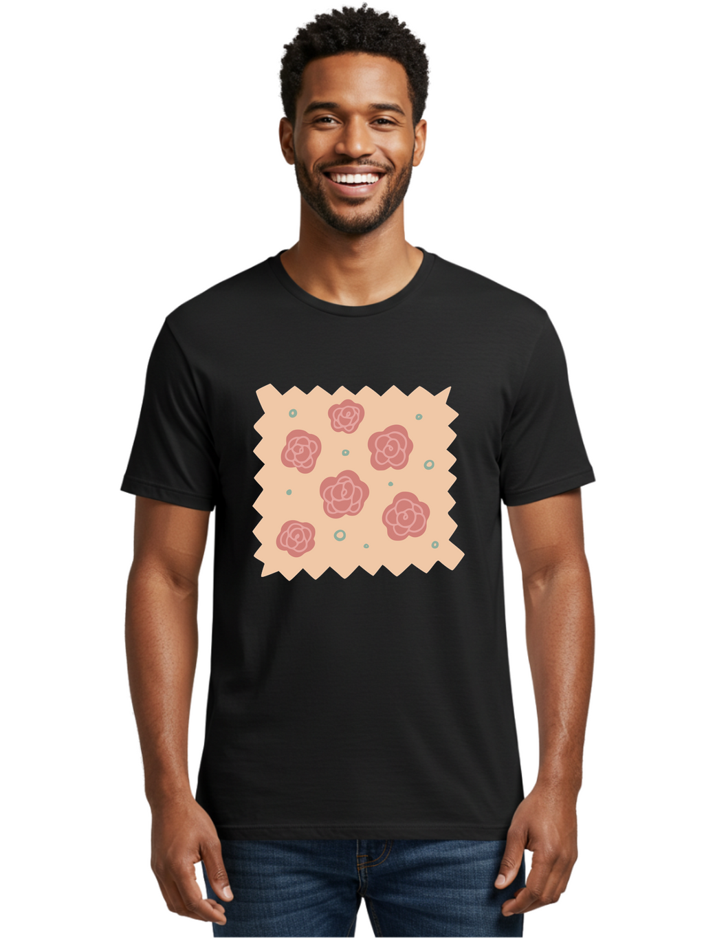 Pink-Roses Men'S Graphic Tee, 100% Cotton, Comfortable Casual Summer Wear, Machine Washable, Pink Roses, White Outlines, Floral Pattern, Decorative Design, Abstract Flowers, Elegant Graphics, Minimalist Art Aac079