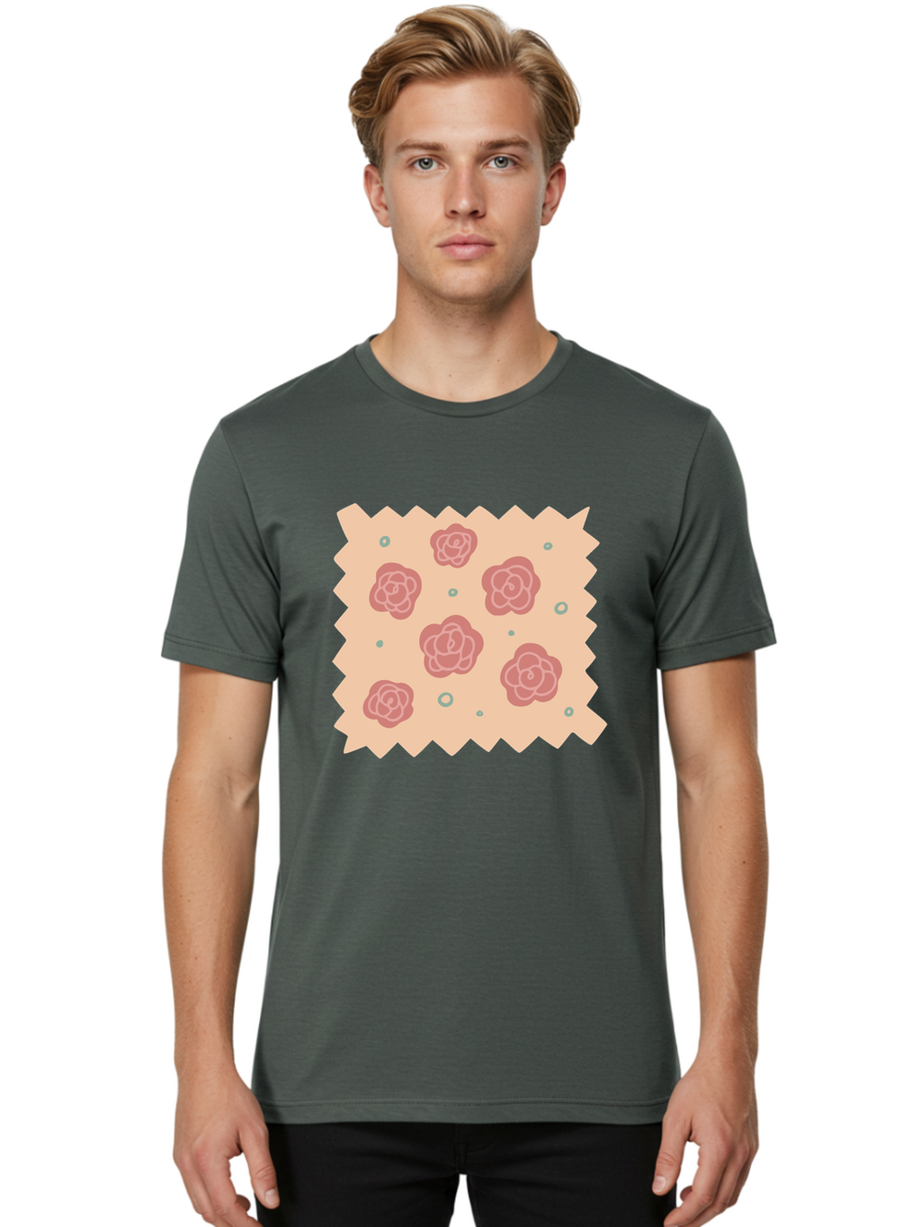 Pink-Roses Men'S Graphic Tee, 100% Cotton, Comfortable Casual Summer Wear, Machine Washable, Pink Roses, White Outlines, Floral Pattern, Decorative Design, Abstract Flowers, Elegant Graphics, Minimalist Art Aac079