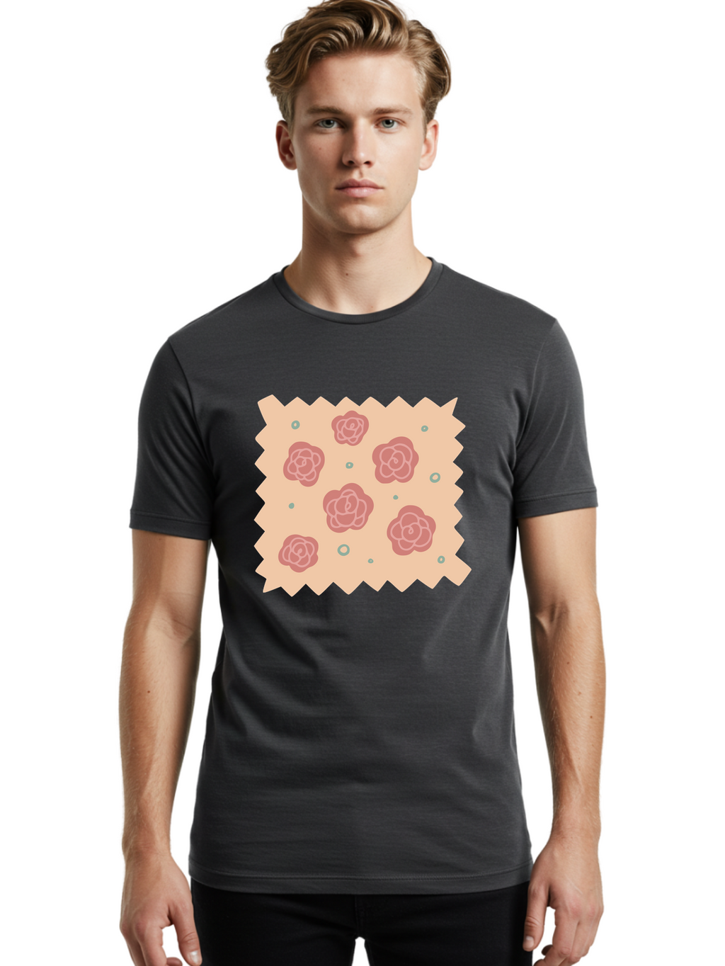 Pink-Roses Men'S Graphic Tee, 100% Cotton, Comfortable Casual Summer Wear, Machine Washable, Pink Roses, White Outlines, Floral Pattern, Decorative Design, Abstract Flowers, Elegant Graphics, Minimalist Art Aac079