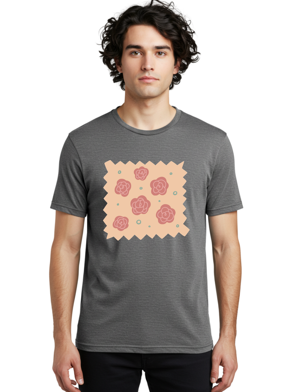 Pink-Roses Men'S Graphic Tee, 100% Cotton, Comfortable Casual Summer Wear, Machine Washable, Pink Roses, White Outlines, Floral Pattern, Decorative Design, Abstract Flowers, Elegant Graphics, Minimalist Art Aac079
