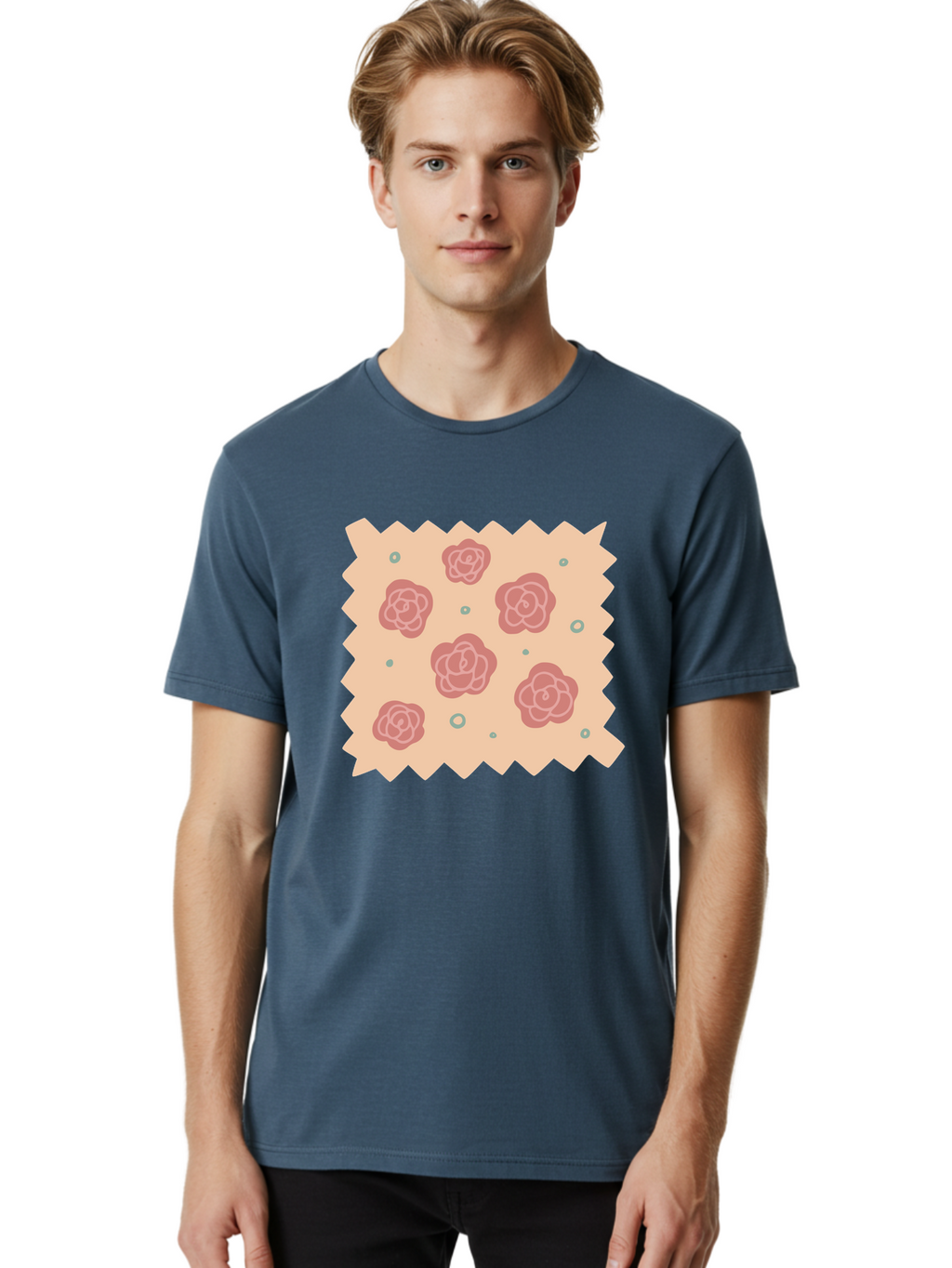 Pink-Roses Men'S Graphic Tee, 100% Cotton, Comfortable Casual Summer Wear, Machine Washable, Pink Roses, White Outlines, Floral Pattern, Decorative Design, Abstract Flowers, Elegant Graphics, Minimalist Art Aac079